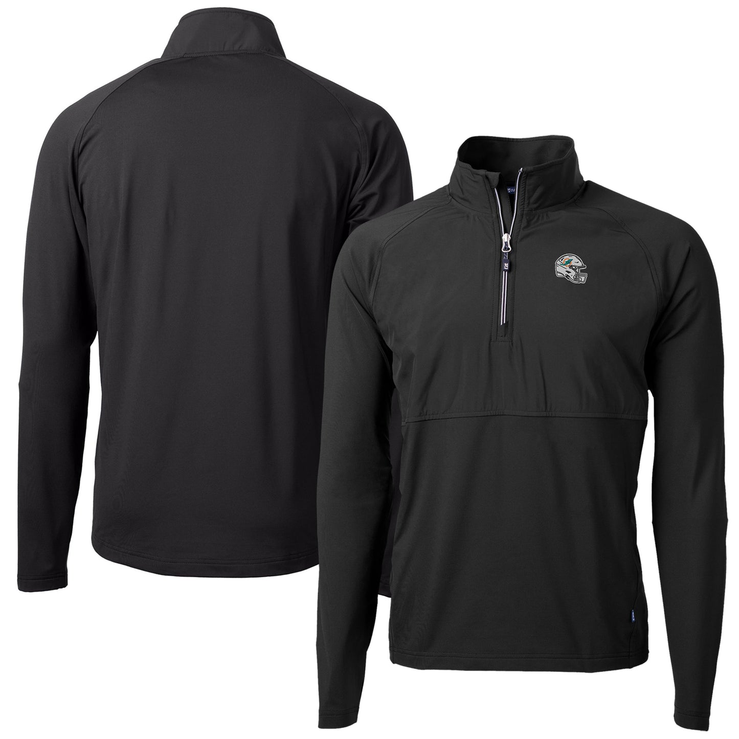 Men's Cutter & Buck Black Miami Dolphins Helmet Adapt Eco Knit Hybrid Recycled Quarter-Zip Pullover Top
