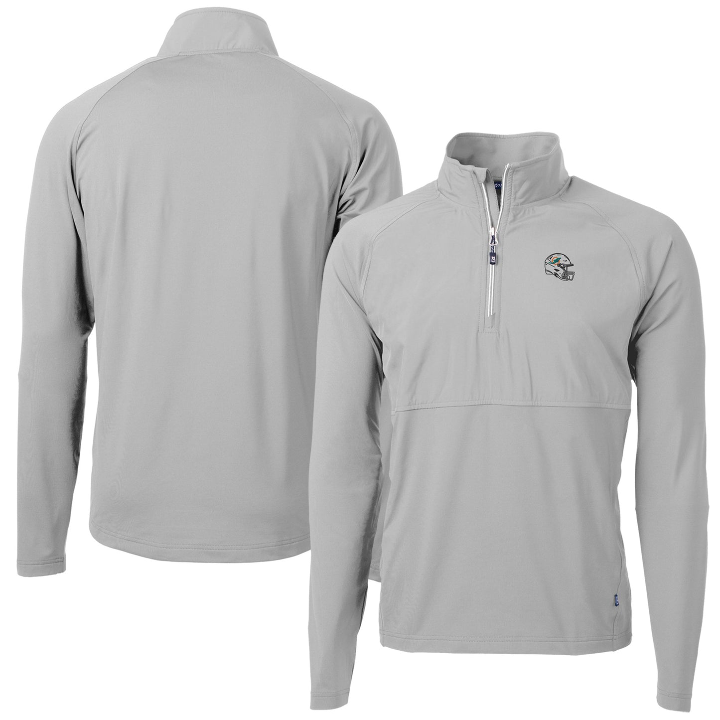 Men's Cutter & Buck Silver Miami Dolphins Helmet Adapt Eco Knit Hybrid Recycled Quarter-Zip Pullover Top