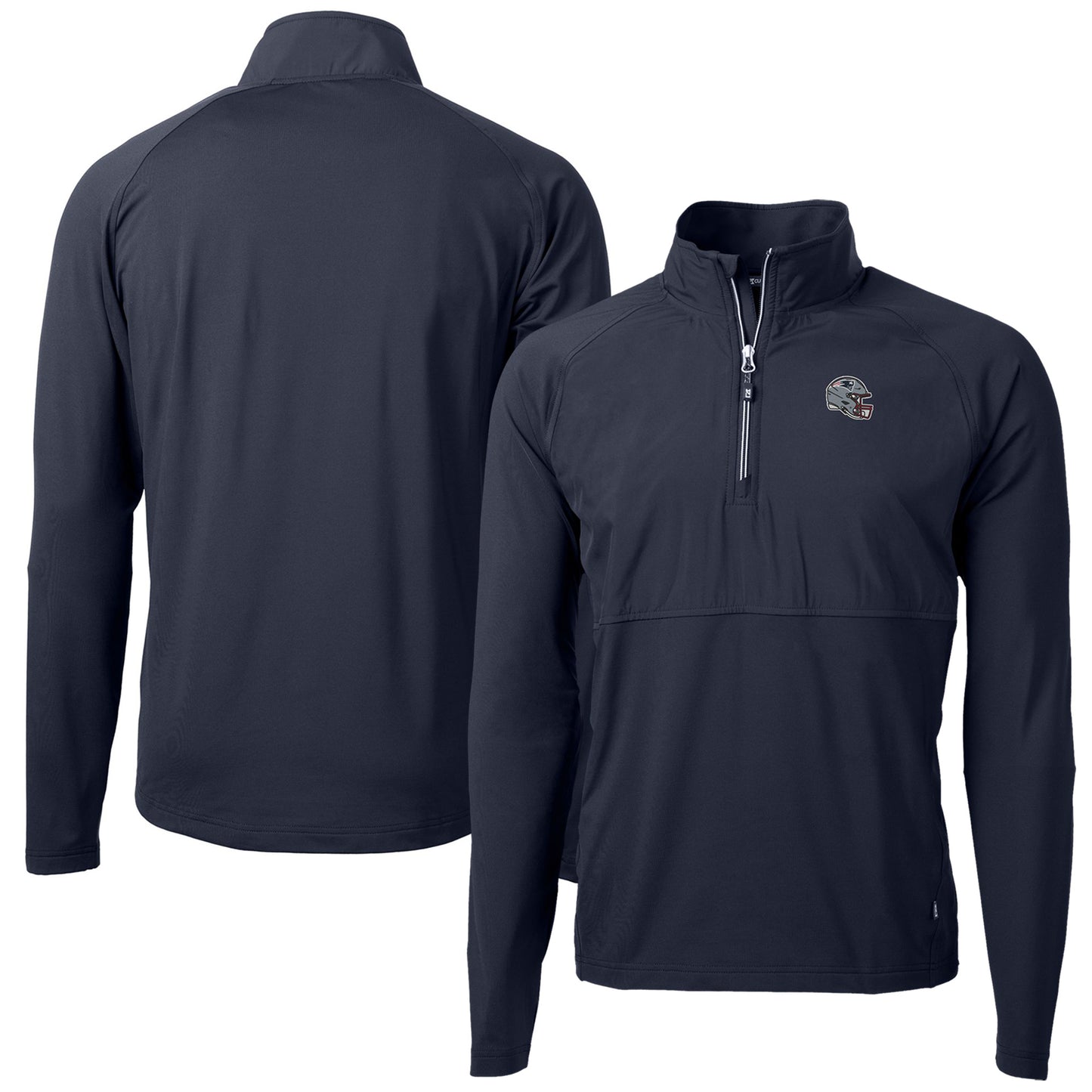 Men's Cutter & Buck Navy New England Patriots Helmet Adapt Eco Knit Hybrid Recycled Quarter-Zip Pullover Top
