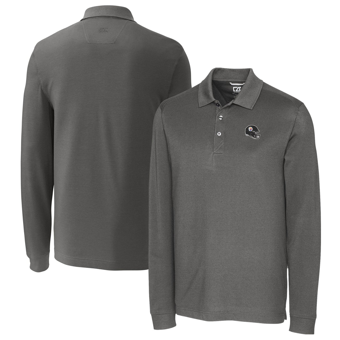 Men's Cutter & Buck Gray Pittsburgh Steelers Helmet Advantage Tri-Blend Pique Long Sleeve Polo