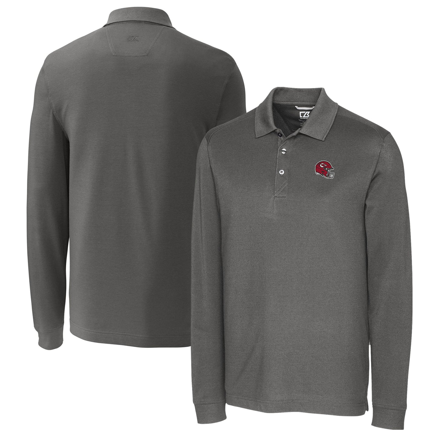 Men's Cutter & Buck Gray Kansas City Chiefs Helmet Advantage Tri-Blend Pique Long Sleeve Polo
