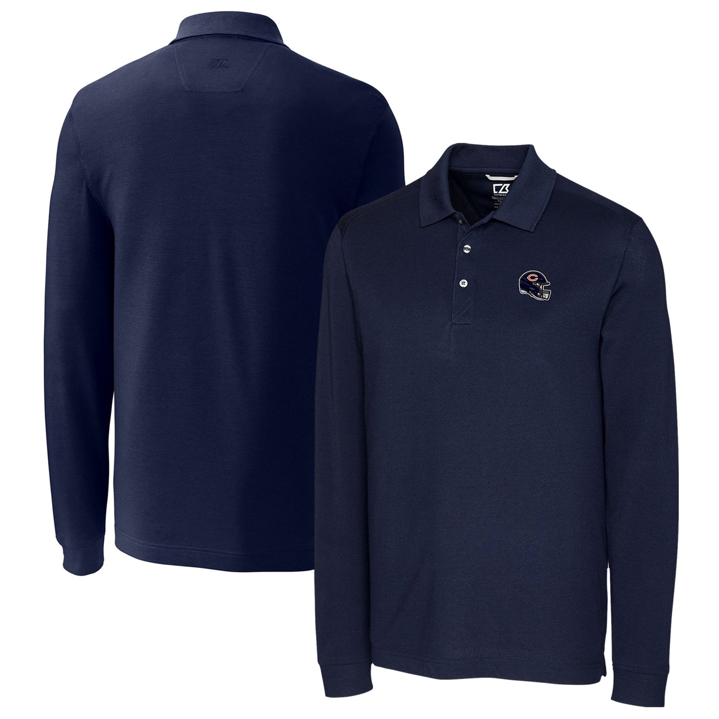 Men's Cutter & Buck Navy Chicago Bears Helmet Advantage Tri-Blend Pique Long Sleeve Polo