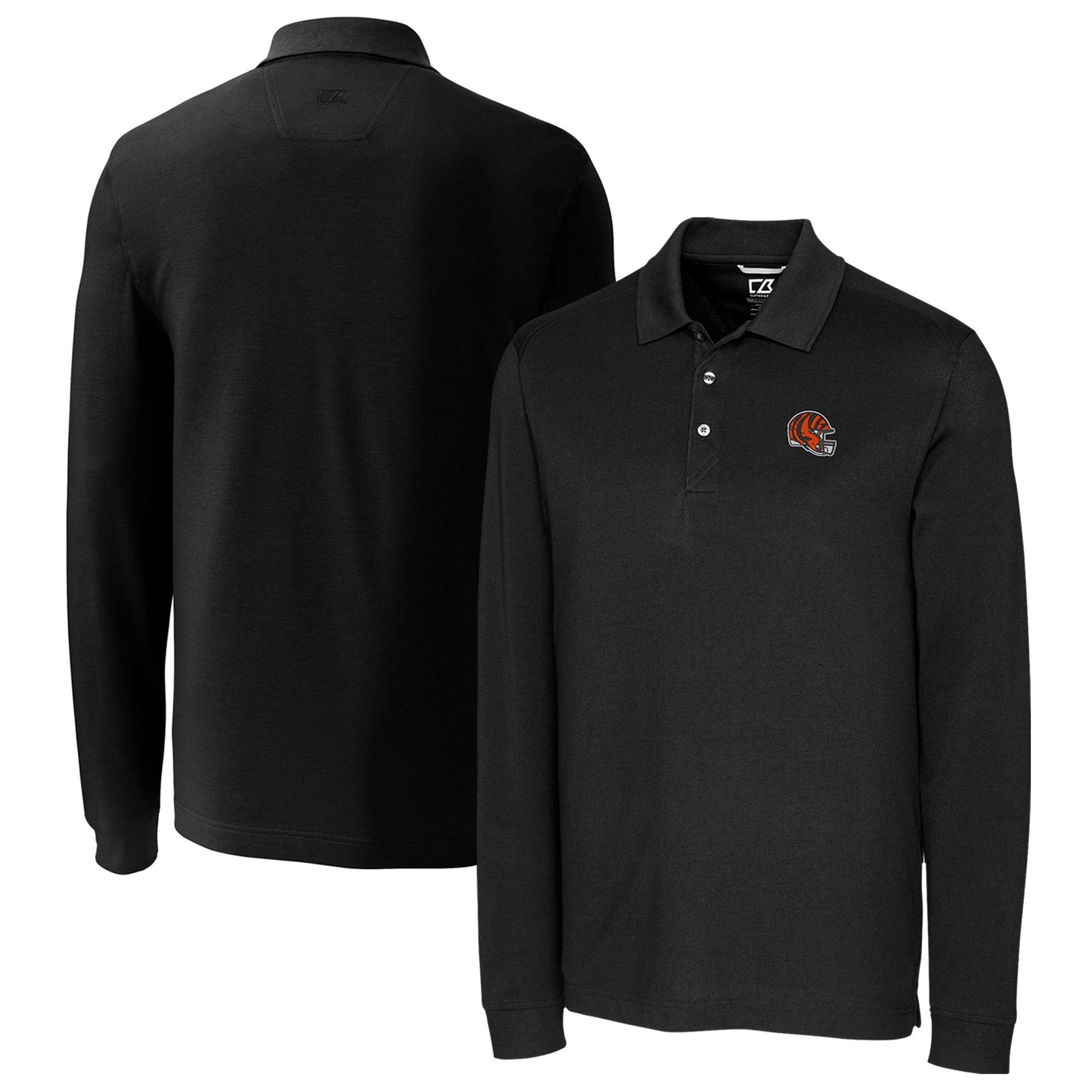 Men's Cutter & Buck Black Cincinnati Bengals Helmet Advantage Tri-Blend Pique Long Sleeve Polo