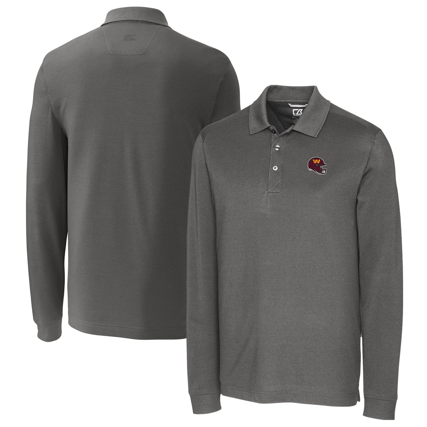 Men's Cutter & Buck Gray Washington Commanders Helmet Advantage Tri-Blend Pique Long Sleeve Polo