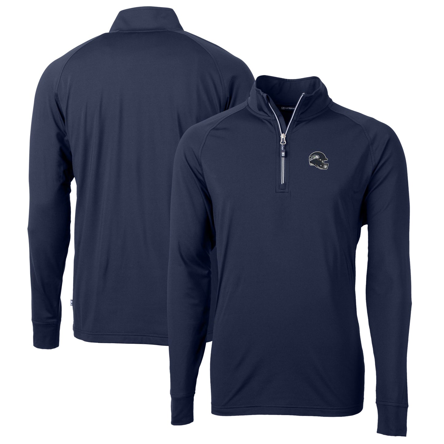 Men's Cutter & Buck Navy Seattle Seahawks Helmet Adapt Eco Knit Stretch Recycled Quarter-Zip Pullover Top