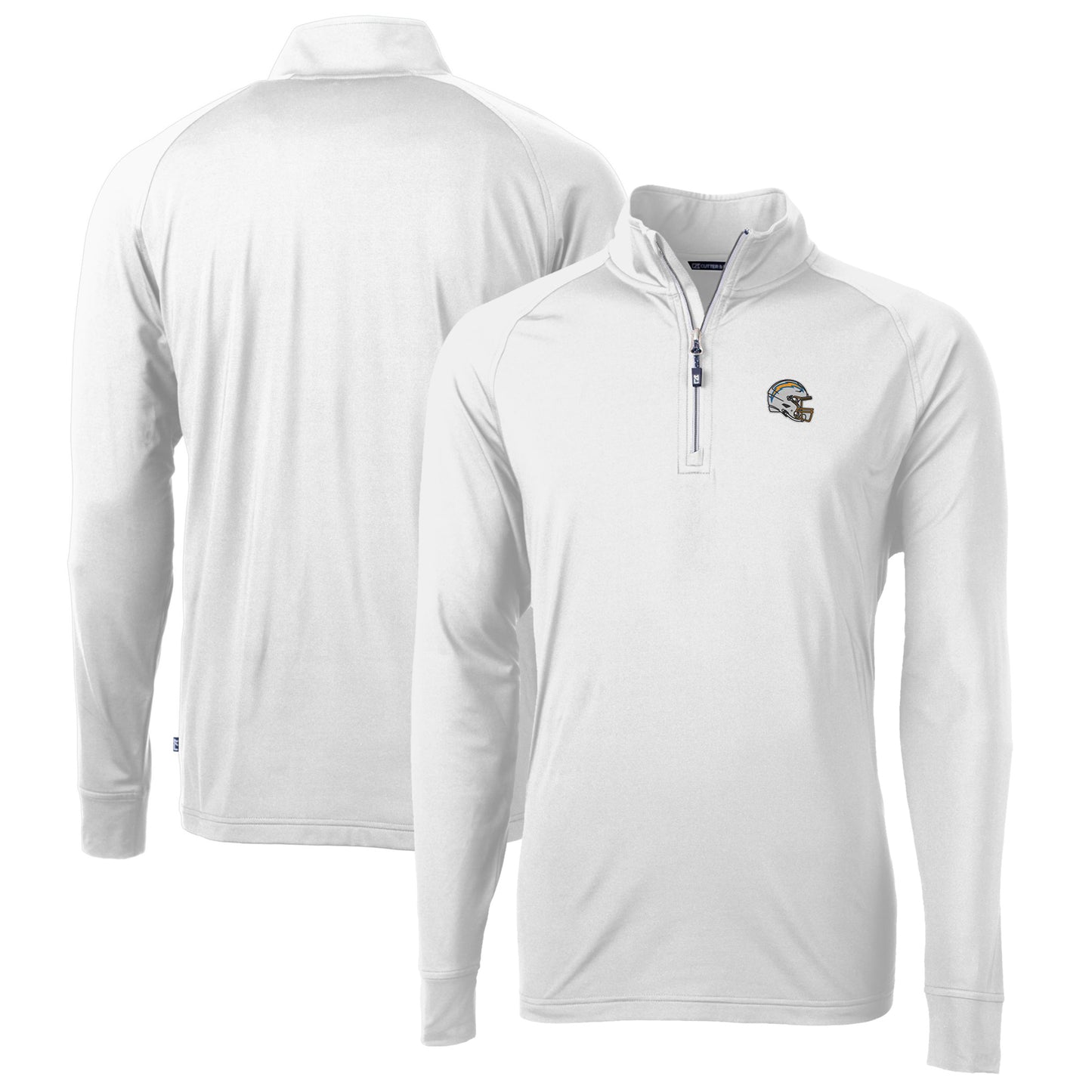 Men's Cutter & Buck White Los Angeles Chargers Helmet Adapt Eco Knit Stretch Recycled Quarter-Zip Pullover Top