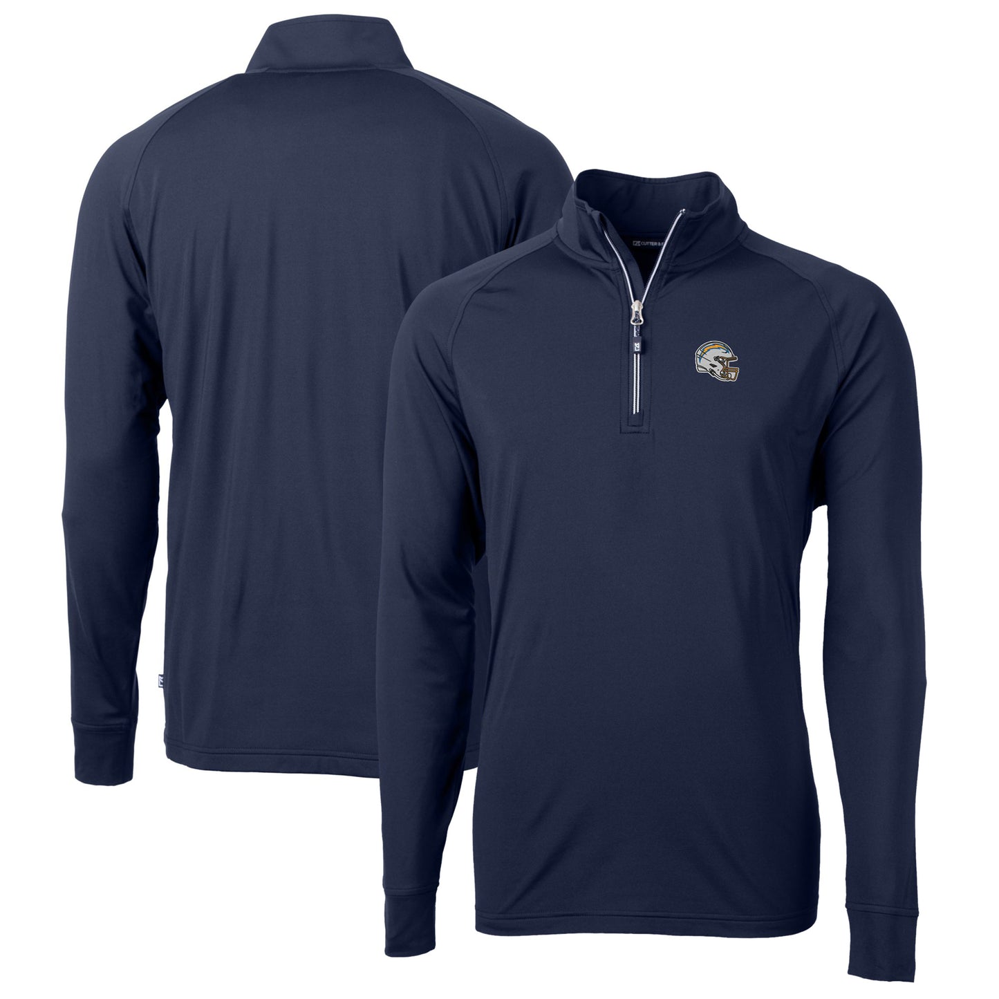 Men's Cutter & Buck Navy Los Angeles Chargers Helmet Adapt Eco Knit Stretch Recycled Quarter-Zip Pullover Top