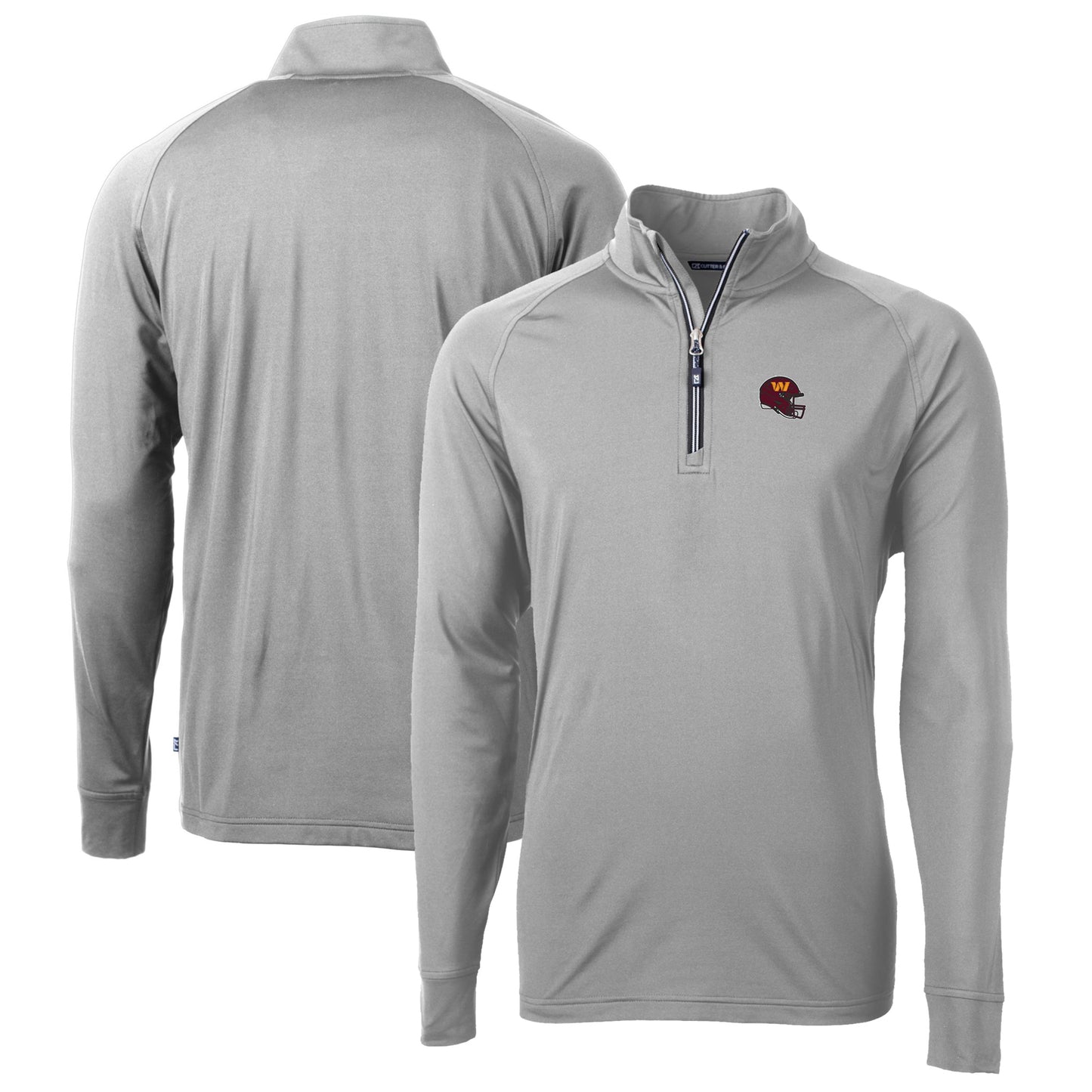 Men's Cutter & Buck Silver Washington Commanders Helmet Adapt Eco Knit Stretch Recycled Quarter-Zip Pullover Top