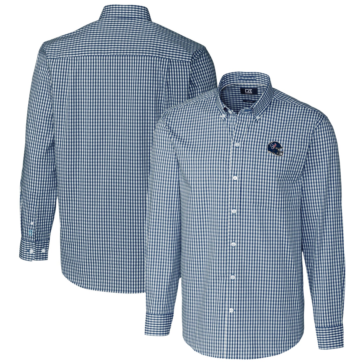 Men's Cutter & Buck Navy Houston Texans Helmet Easy Care Stretch Gingham Long Sleeve Button-Down Shirt