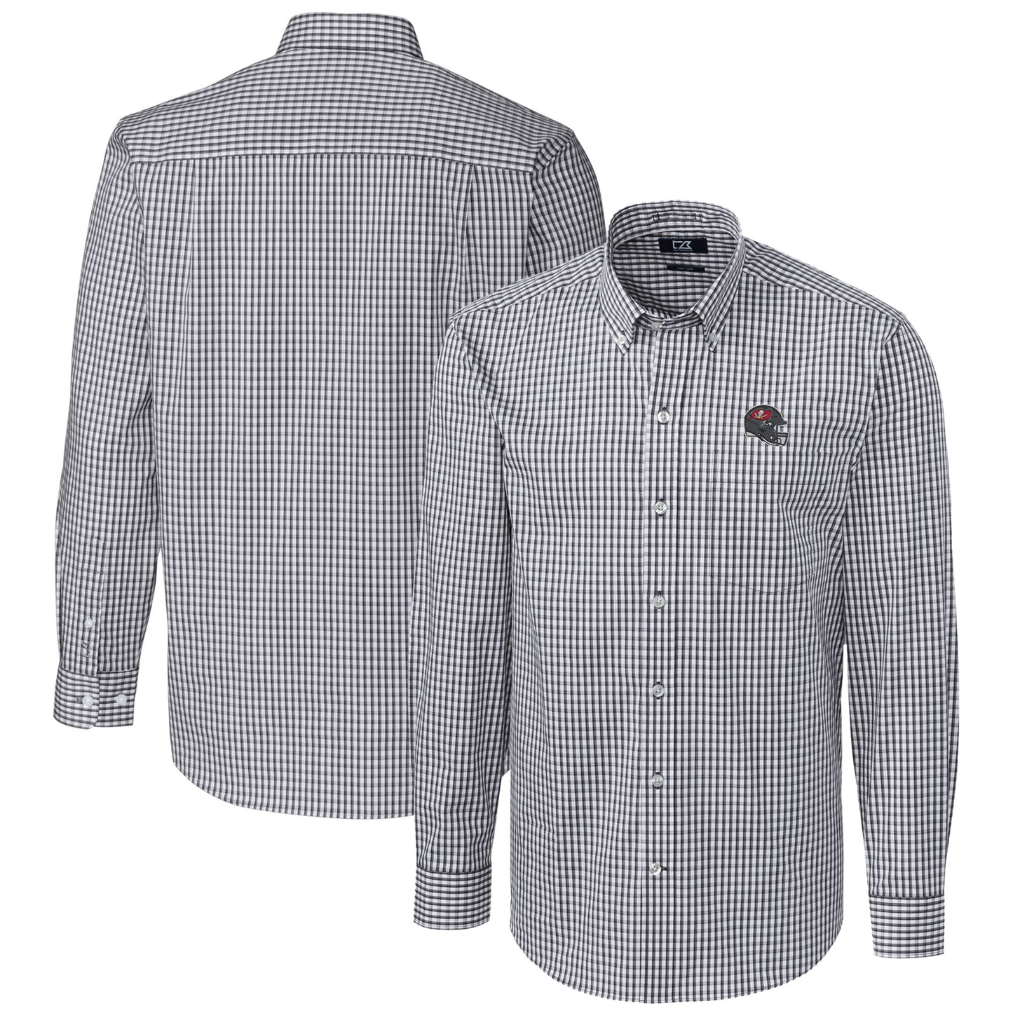 Men's Cutter & Buck Charcoal Tampa Bay Buccaneers Helmet Easy Care Stretch Gingham Long Sleeve Button-Down Shirt