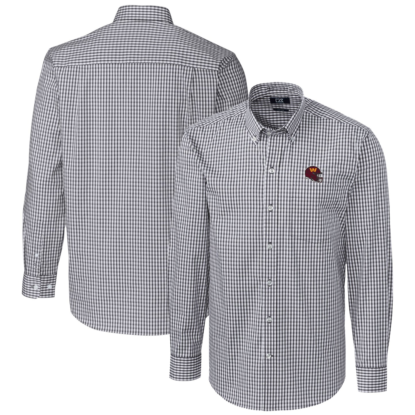 Men's Cutter & Buck Charcoal Washington Commanders Helmet Easy Care Stretch Gingham Long Sleeve Button-Down Shirt