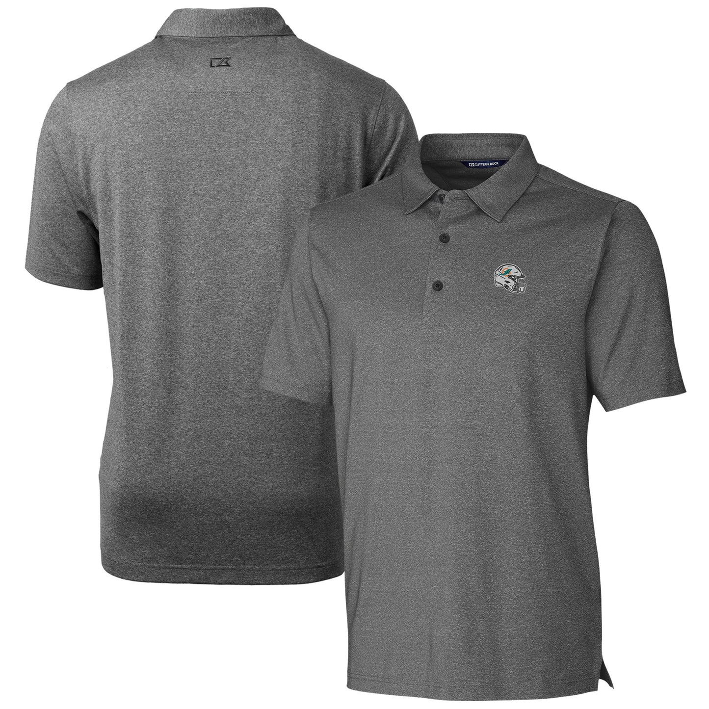 Men's Cutter & Buck Heather Charcoal Miami Dolphins Helmet Forge Stretch Polo