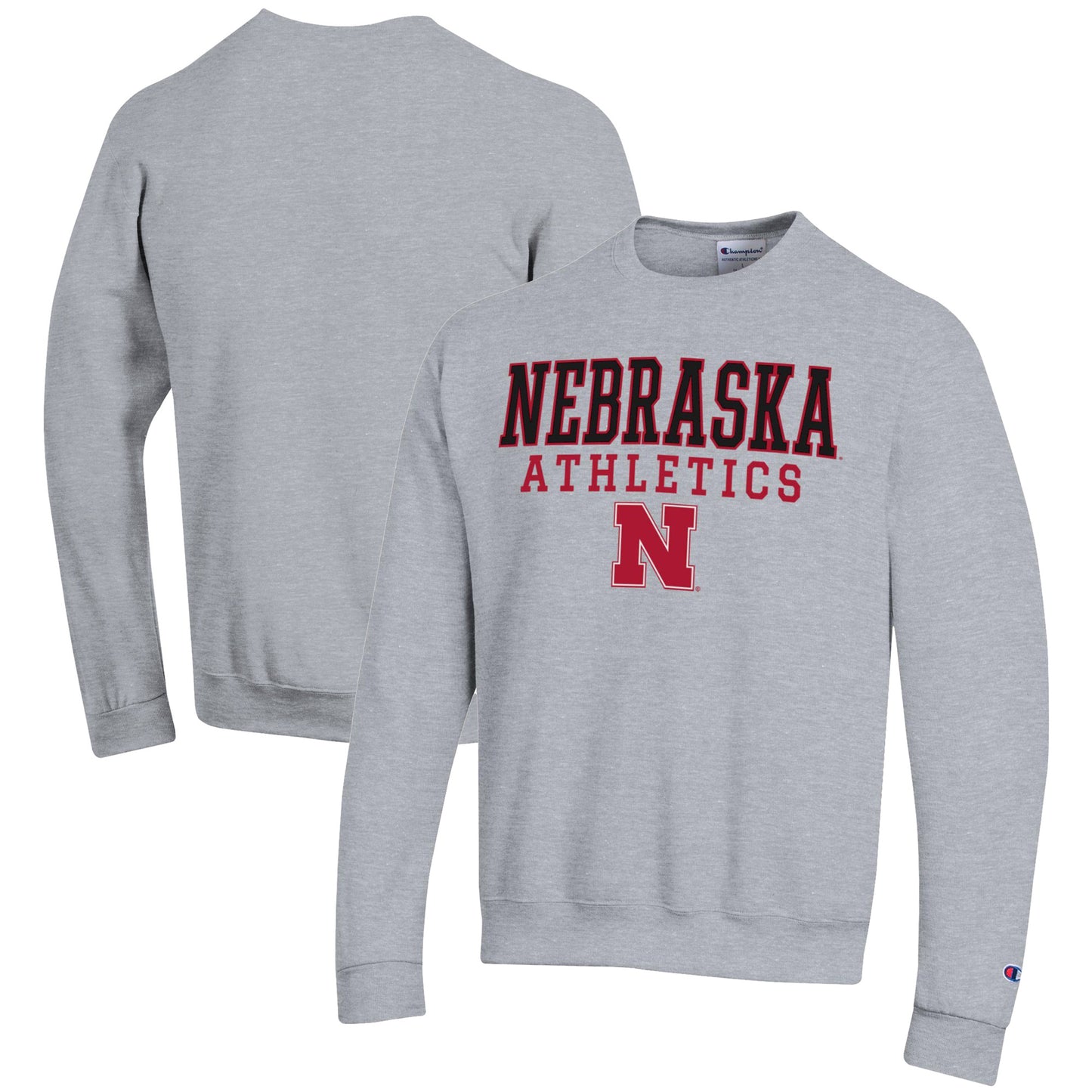 Men's Champion Gray Nebraska Huskers Athletics Logo Stack Pullover Sweatshirt