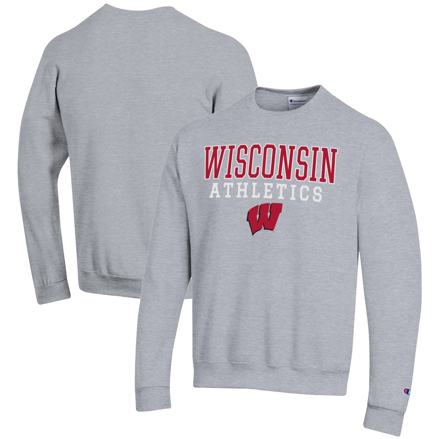 Men's Champion Gray Wisconsin Badgers Athletics Logo Stack Pullover Sweatshirt