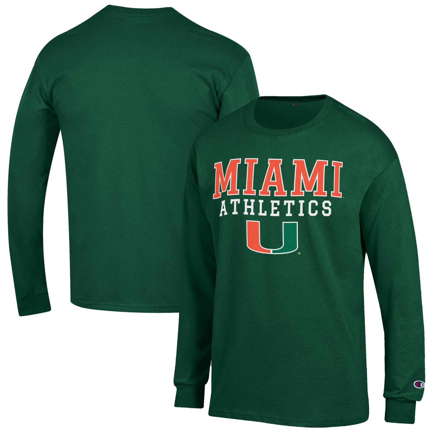 Men's Champion Green Miami Hurricanes Athletics Logo Stack Long Sleeve T-Shirt