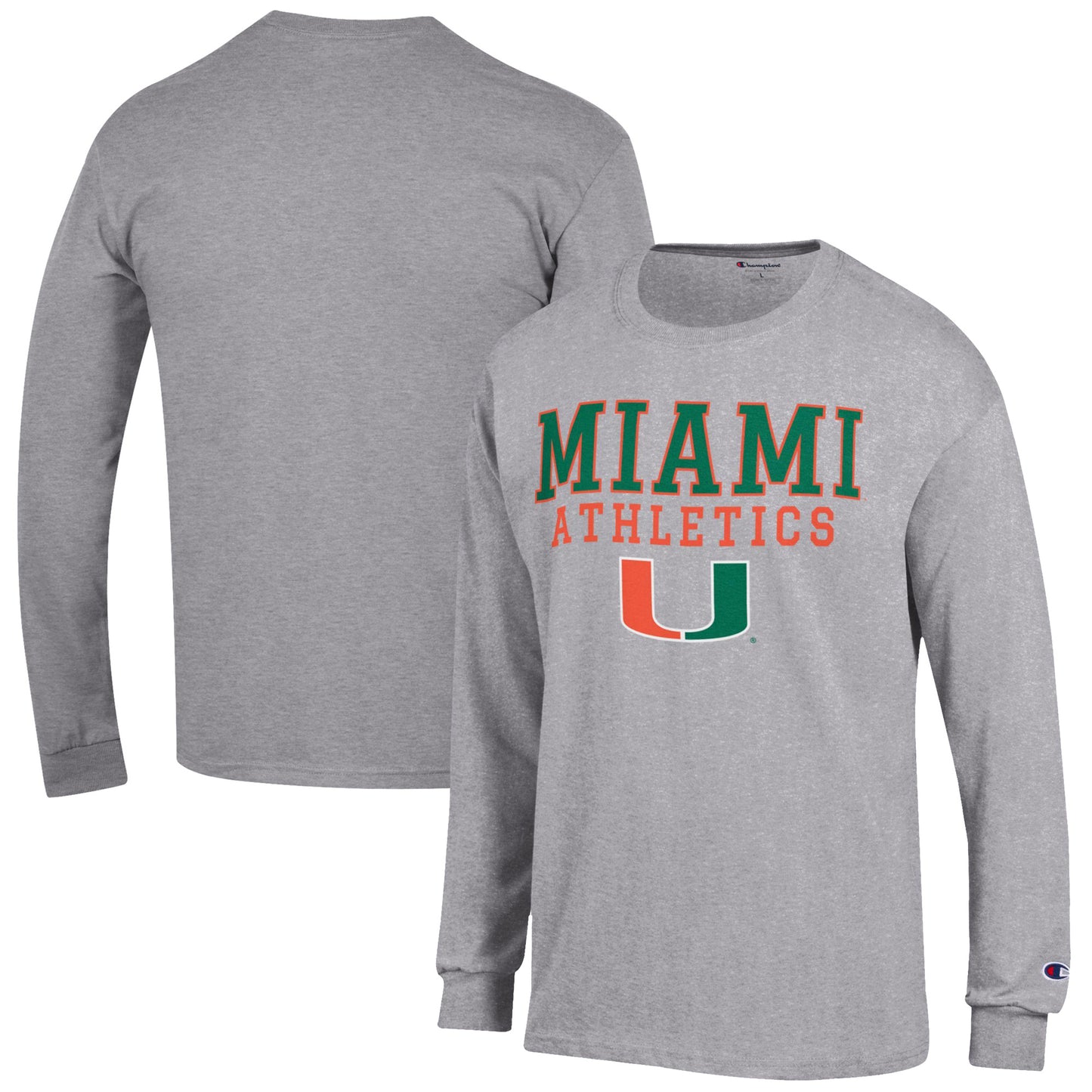 Men's Champion Gray Miami Hurricanes Athletics Logo Stack Long Sleeve T-Shirt
