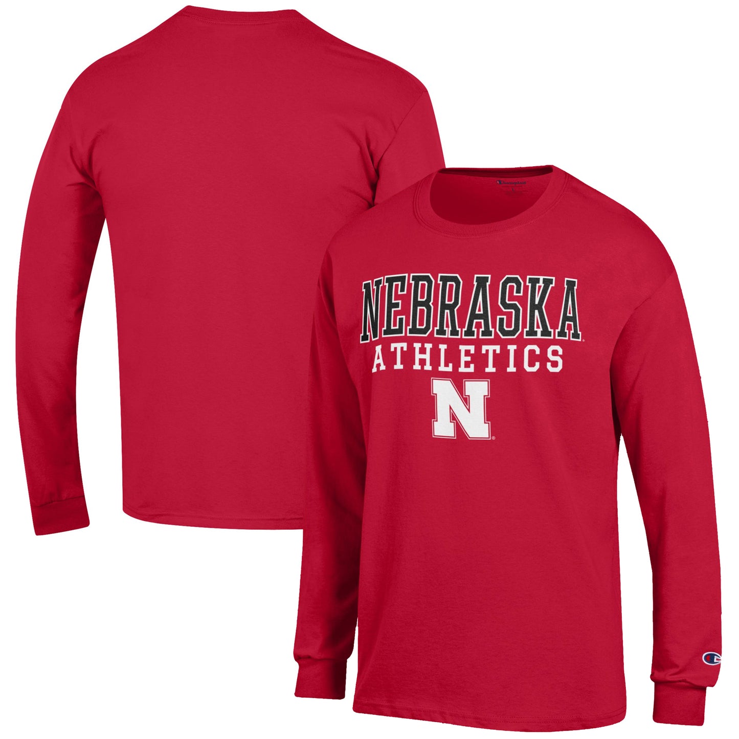 Men's Champion Scarlet Nebraska Huskers Athletics Logo Stack Long Sleeve T-Shirt