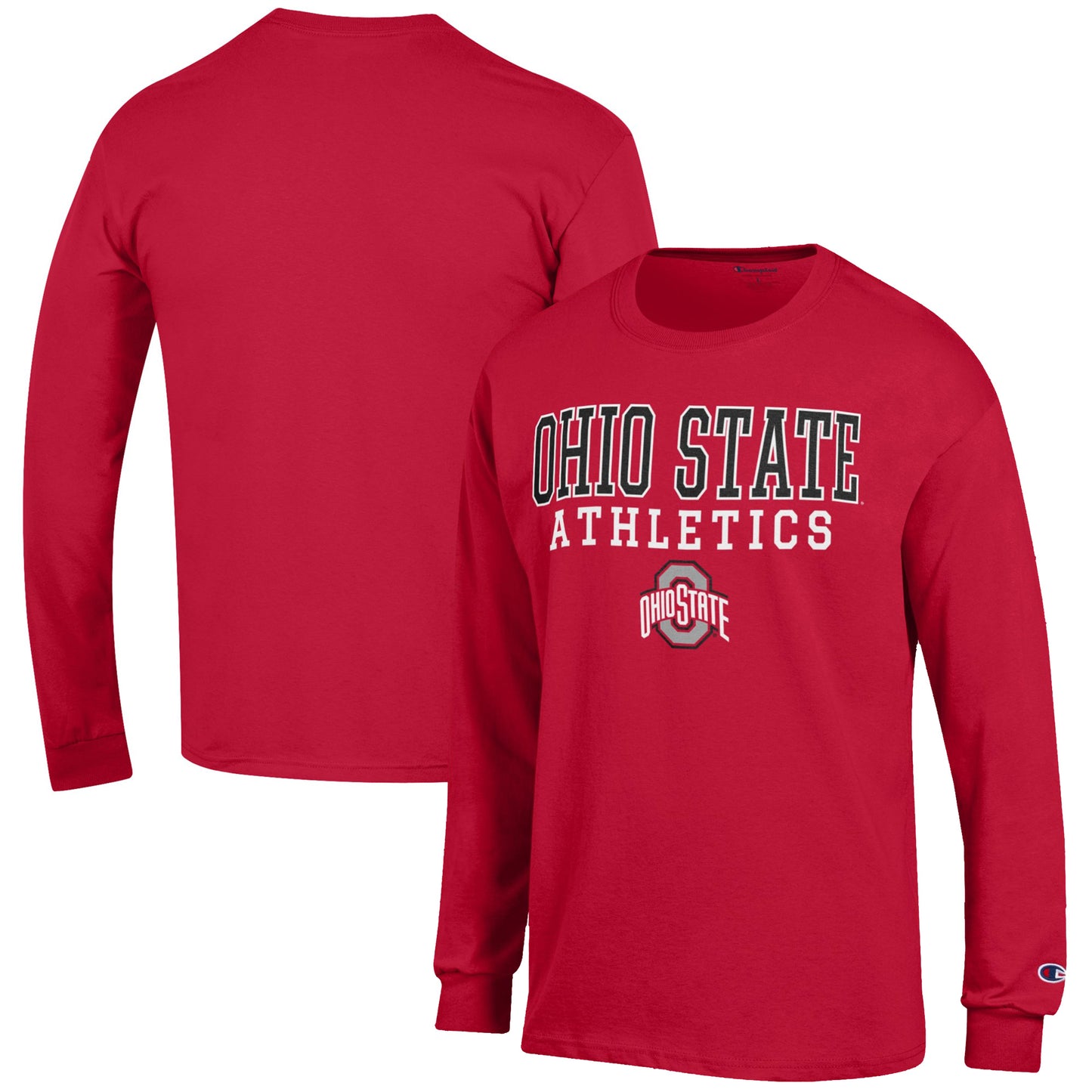 Men's Champion Scarlet Ohio State Buckeyes Athletics Logo Stack Long Sleeve T-Shirt