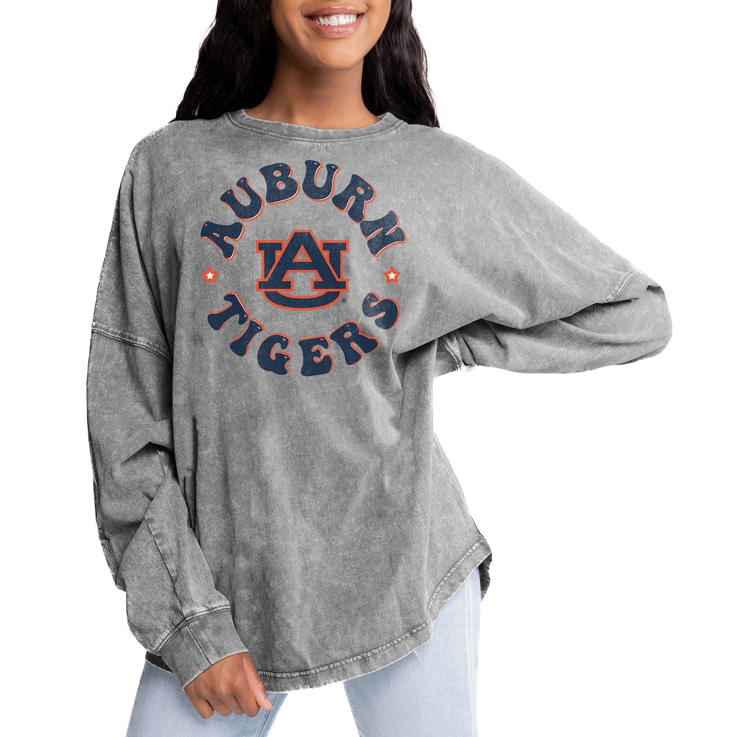 Women's Gameday Couture Gray Auburn Tigers Playing Around Faded Wash Oversized Long Sleeve T-Shirt