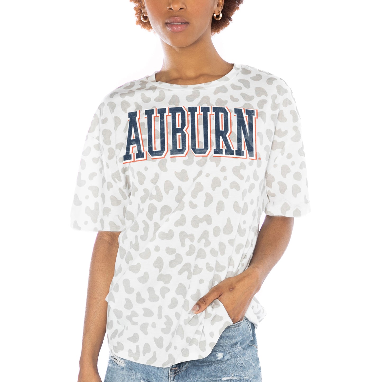 Women's Gameday Couture White Auburn Tigers Bonus Points Subtle Leopard Print T-Shirt