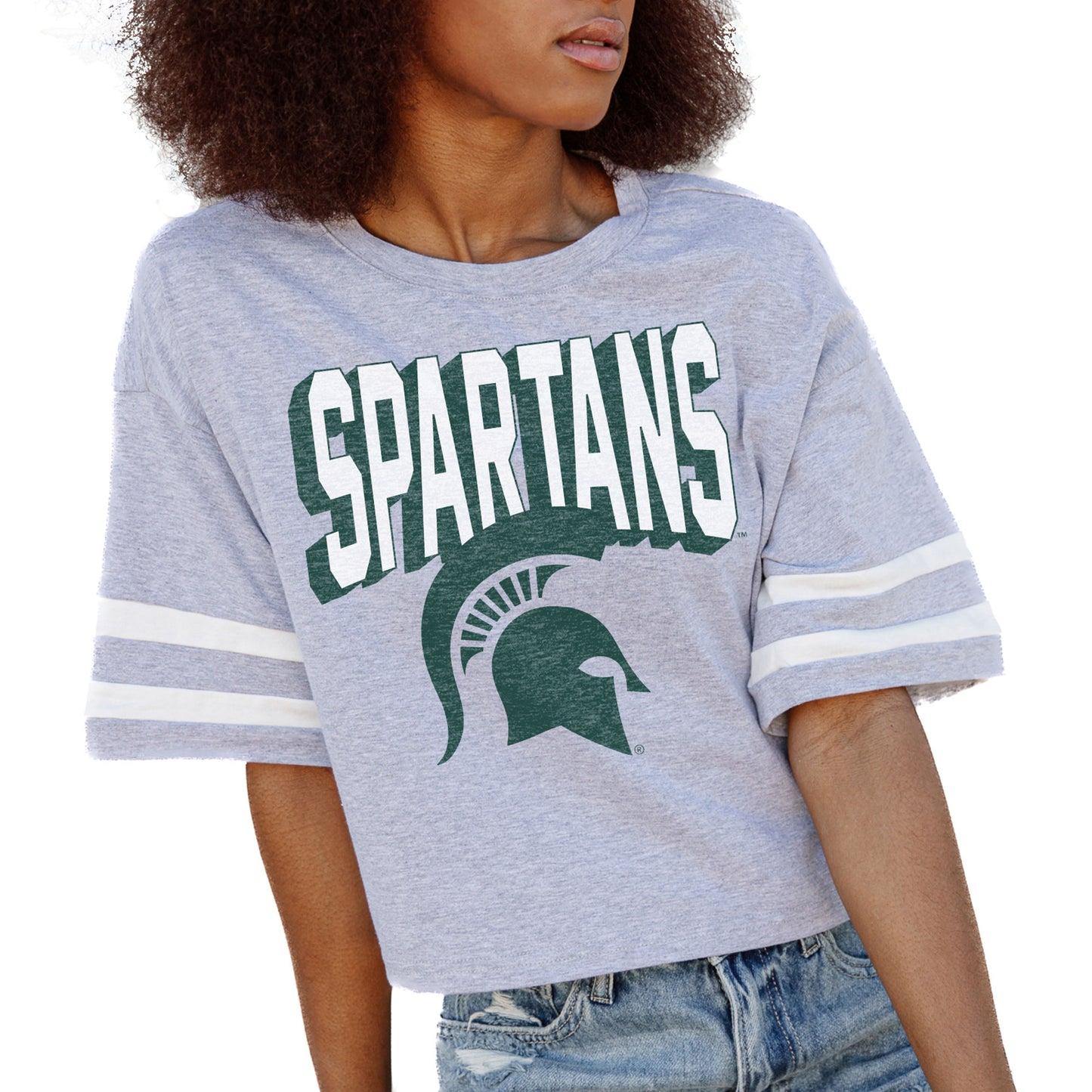 Women's Gameday Couture Gray Michigan State Spartans No Shortcuts Drop Shoulder Sleeve Stripe Cropped T-Shirt