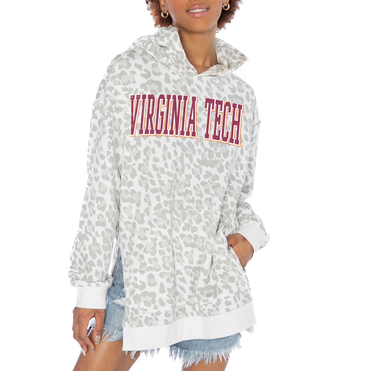 Women's Gameday Couture White Virginia Tech Hokies Home Team Advantage Leopard Print Oversized Side-Slit Pullover Hoodie