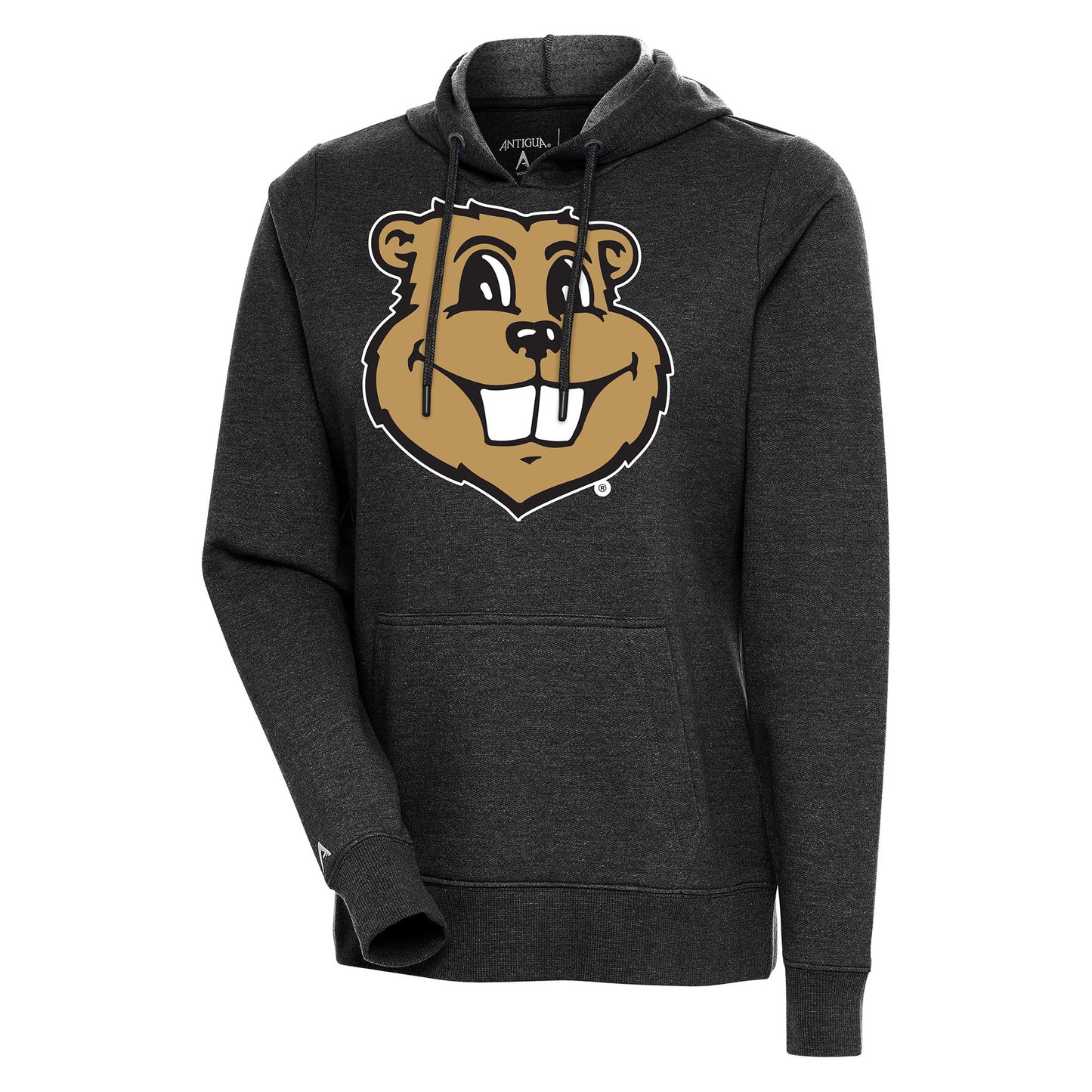 Women's Antigua Heather Black Minnesota Golden Gophers Goldy Action Pullover Hoodie