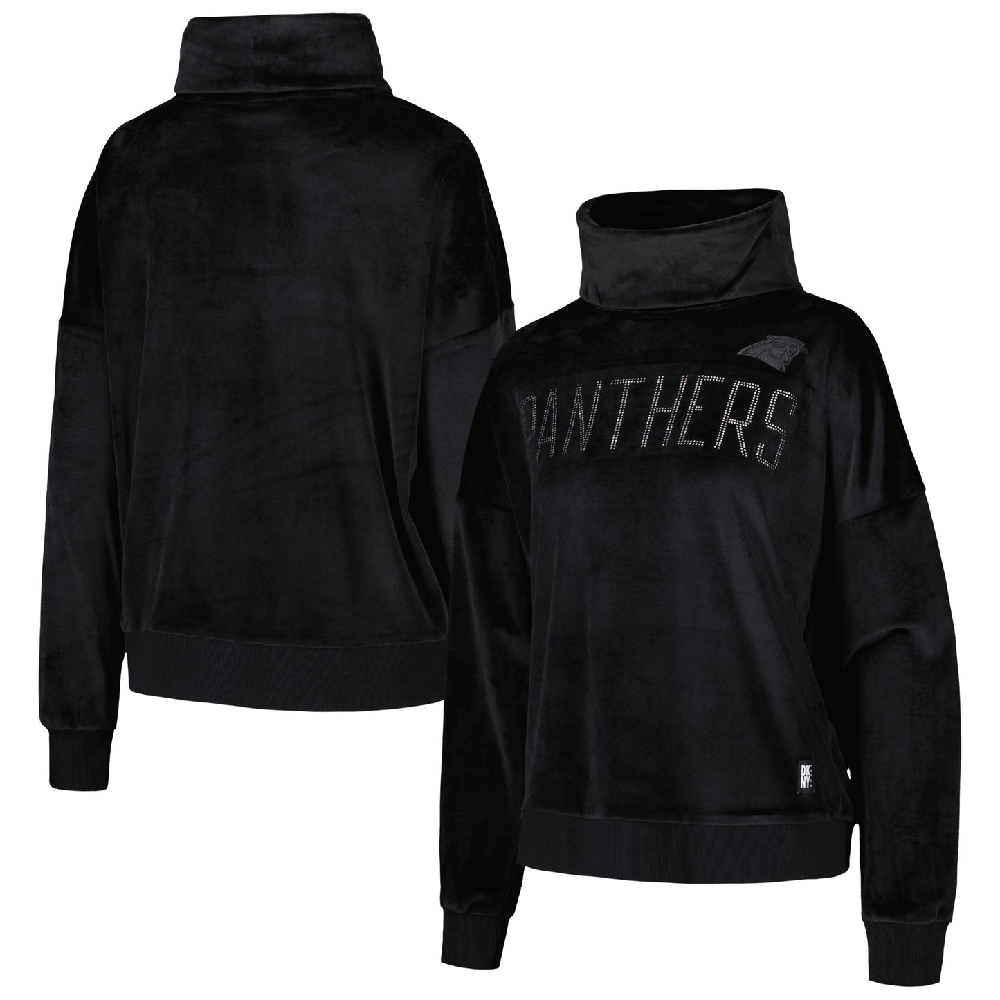 Women's DKNY Sport Black Carolina Panthers Deliliah Rhinestone Funnel Neck Pullover Sweatshirt