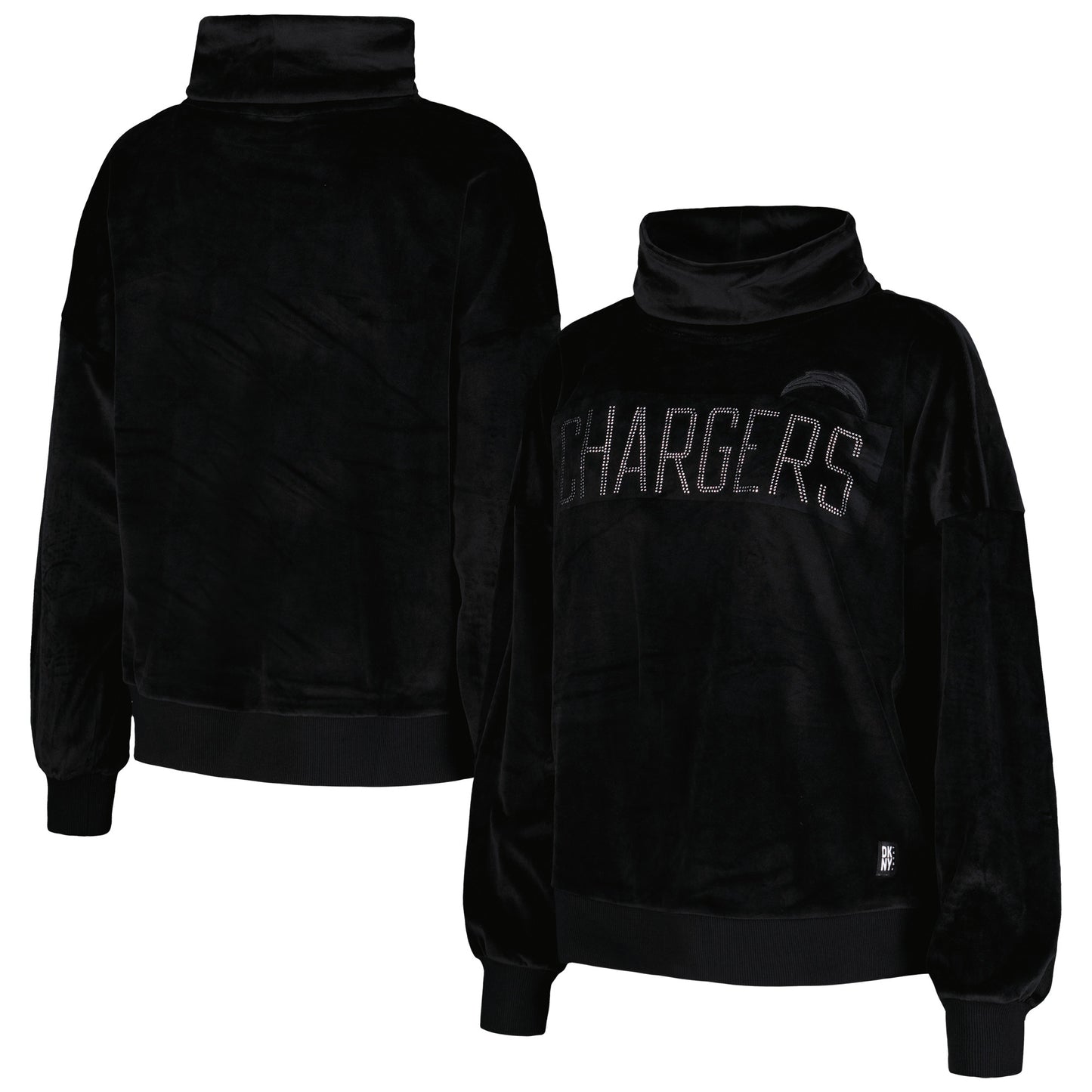 Women's DKNY Sport Black Los Angeles Chargers Deliliah Rhinestone Funnel Neck Pullover Sweatshirt