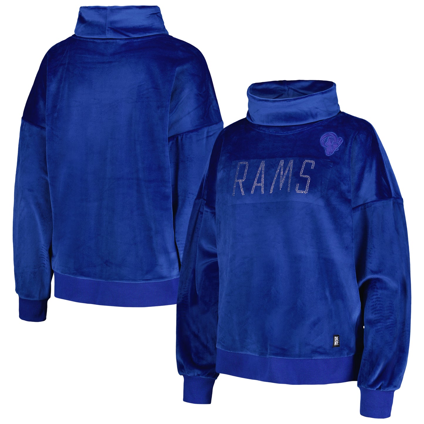 Women's DKNY Sport Royal Los Angeles Rams Deliliah Rhinestone Funnel Neck Pullover Sweatshirt
