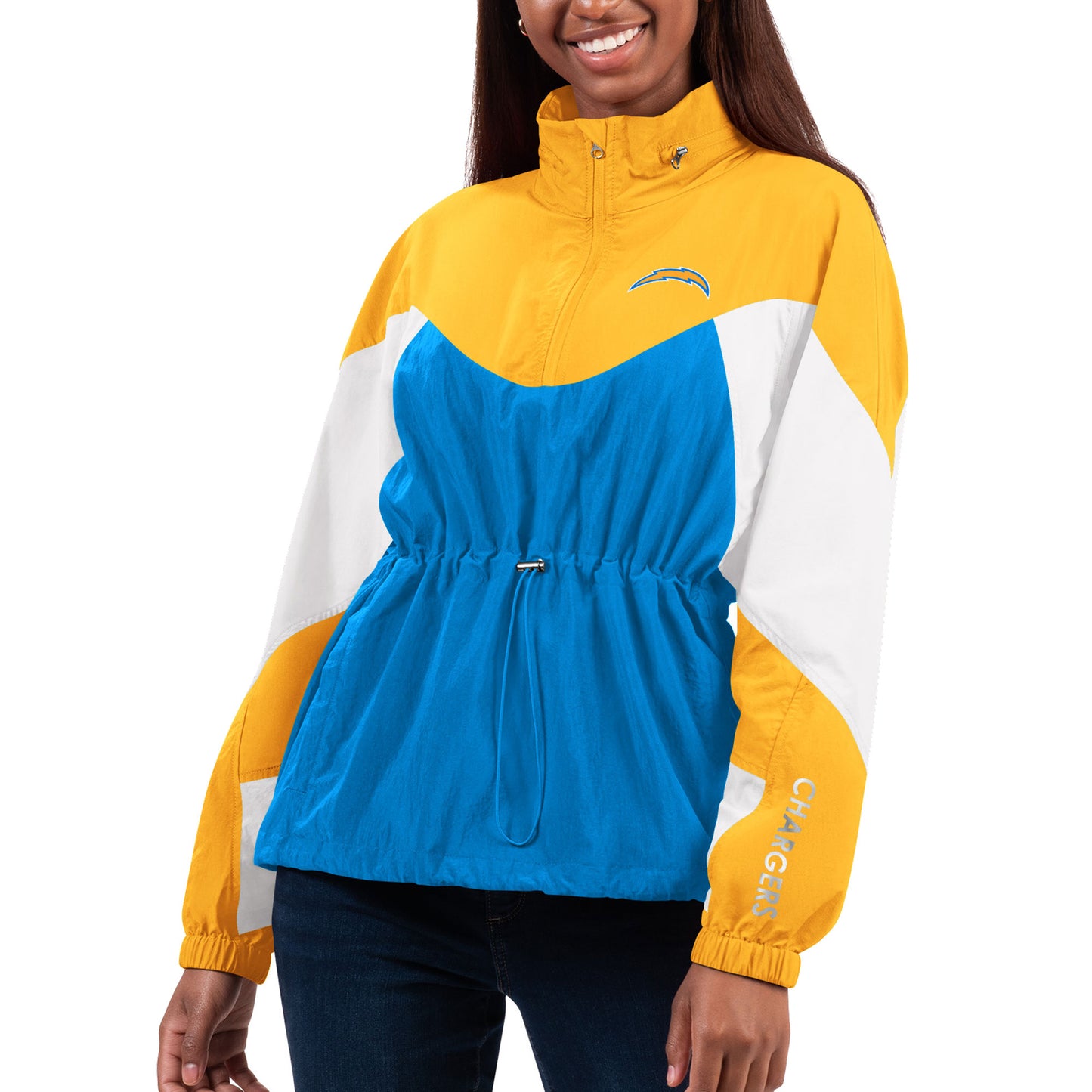 Women's G-III 4Her by Carl Banks Powder Blue/Gold Los Angeles Chargers Tie Breaker Lightweight Quarter-Zip Jacket