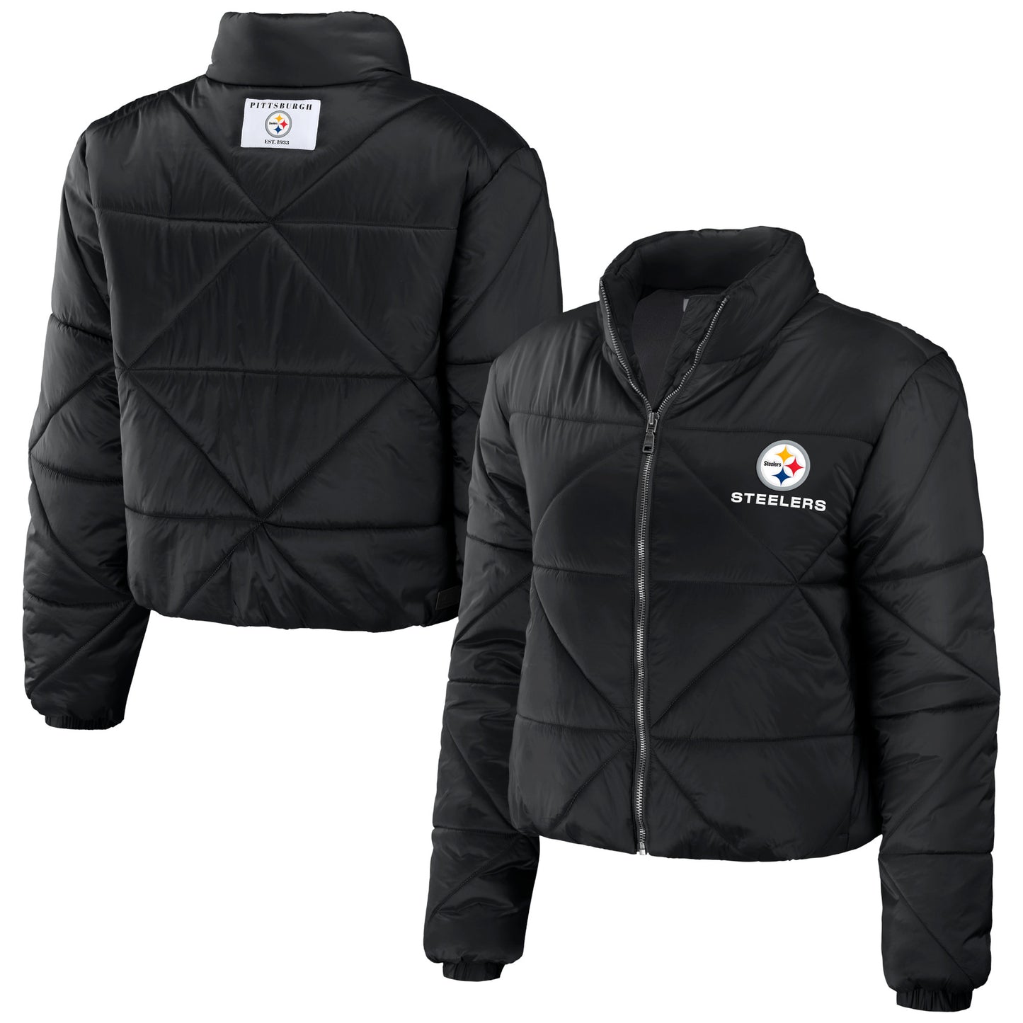 Women's WEAR by Erin Andrews Black Pittsburgh Steelers Cropped Puffer Full-Zip Jacket