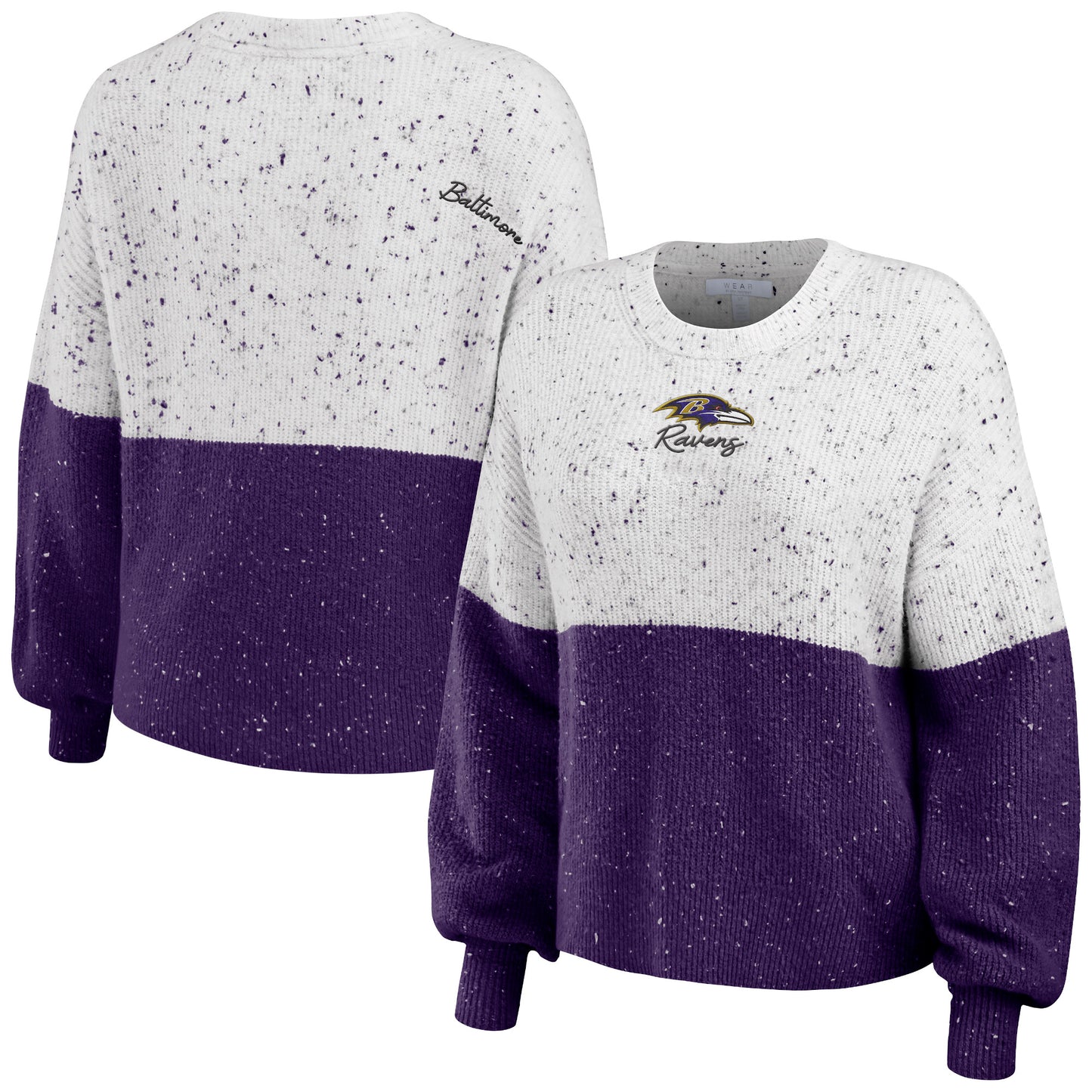 Women's WEAR by Erin Andrews White/Purple Baltimore Ravens Lighweight Modest Crop Color-Block Pullover Sweater