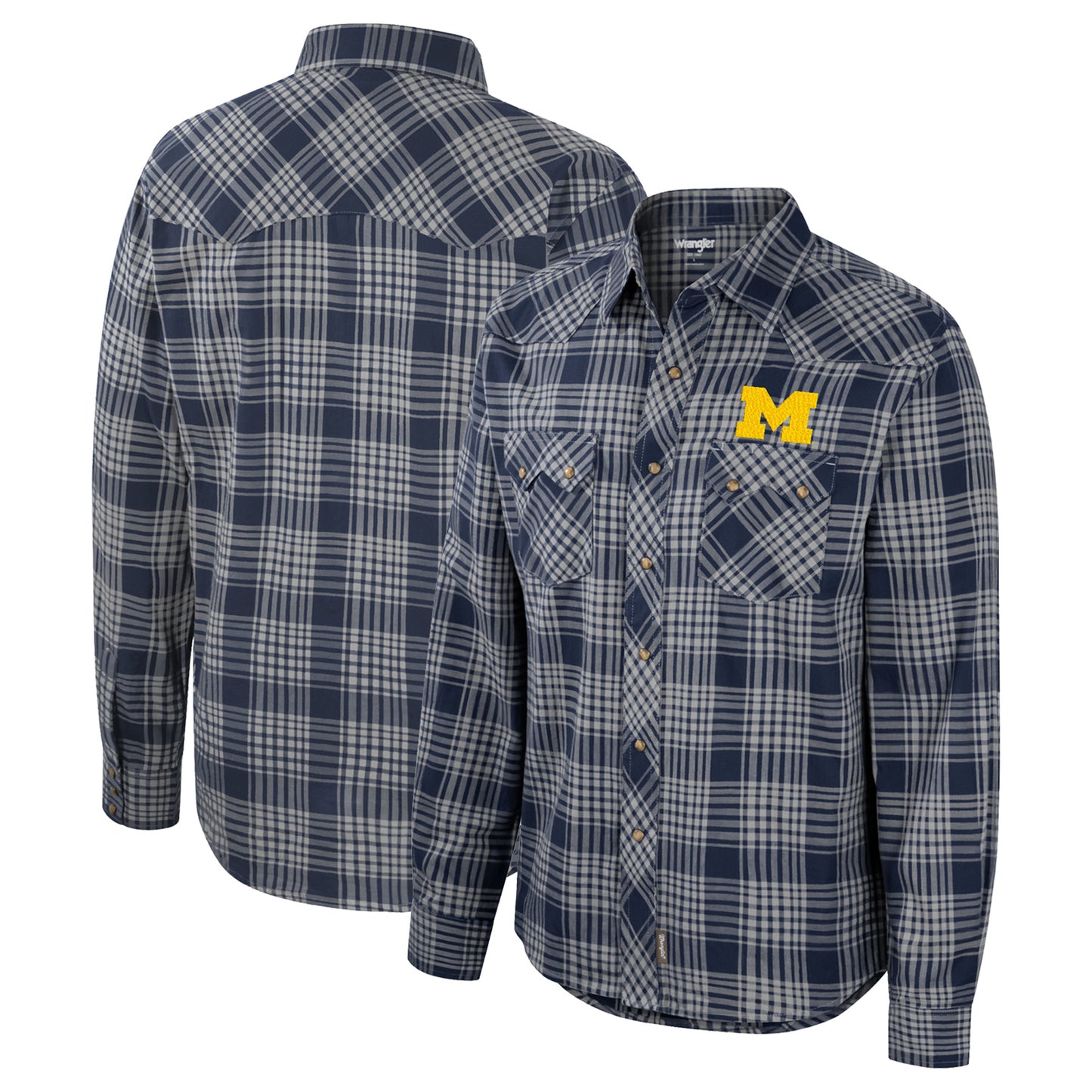 Men's Colosseum x Wrangler Navy Michigan Wolverines Plaid Western Long Sleeve Full-Snap Shirt