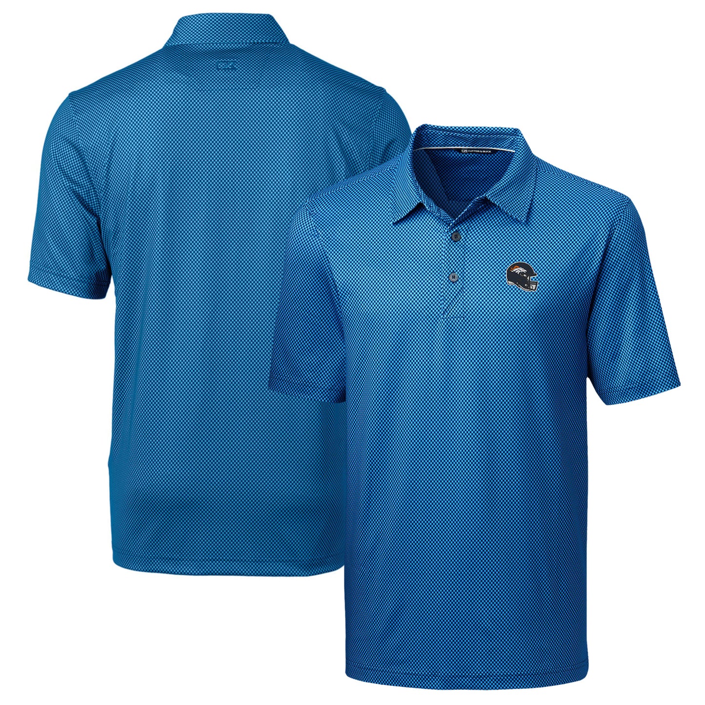 Men's Cutter & Buck Navy Denver Broncos Helmet Pike Mini Pennant Print Stretch Polo