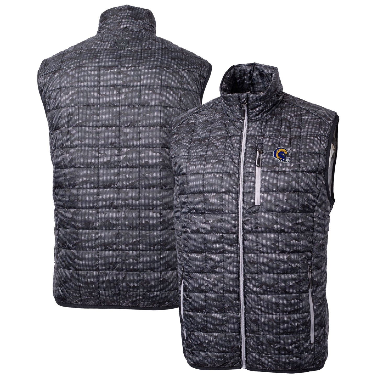 Men's Cutter & Buck Black Los Angeles Rams Helmet Rainier PrimaLoft Eco Insulated Printed Full-Zip Puffer Vest