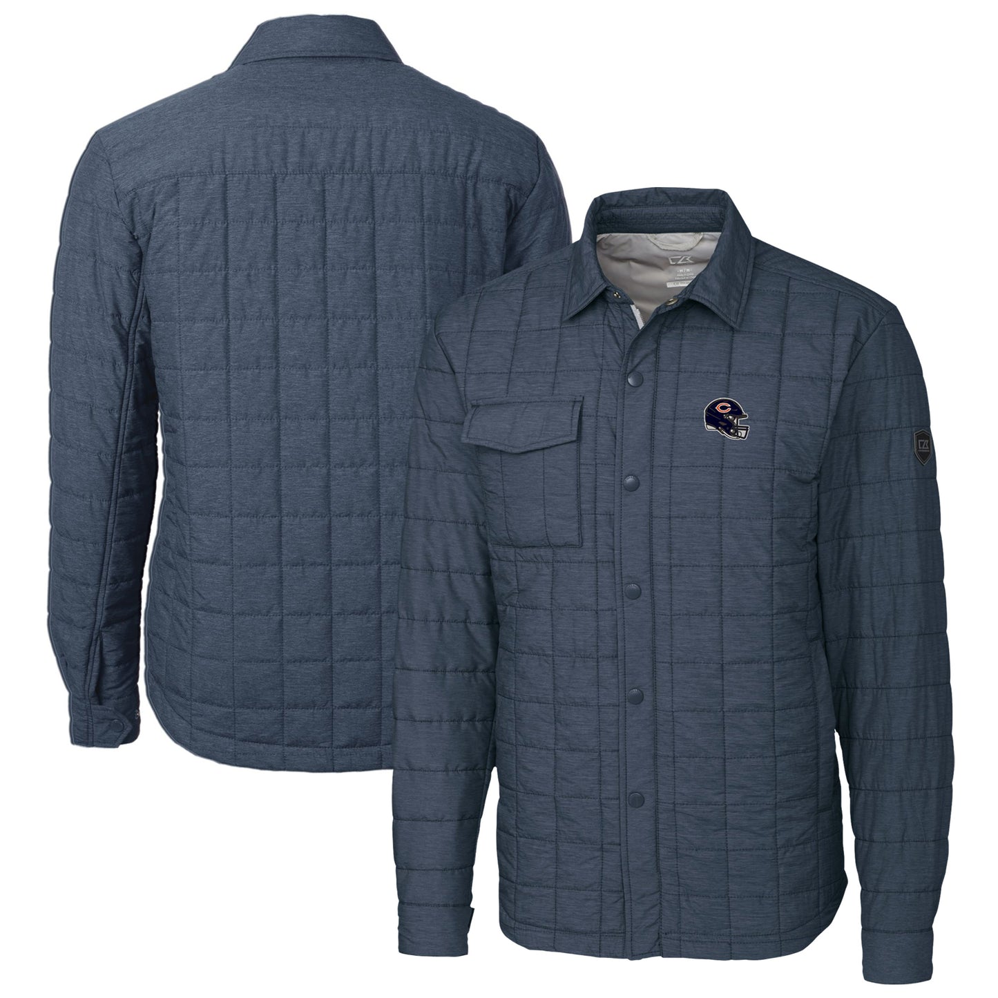 Men's Cutter & Buck Heather Navy Chicago Bears Helmet Rainier PrimaLoft Eco Insulated Quilted Button-Up Shacket
