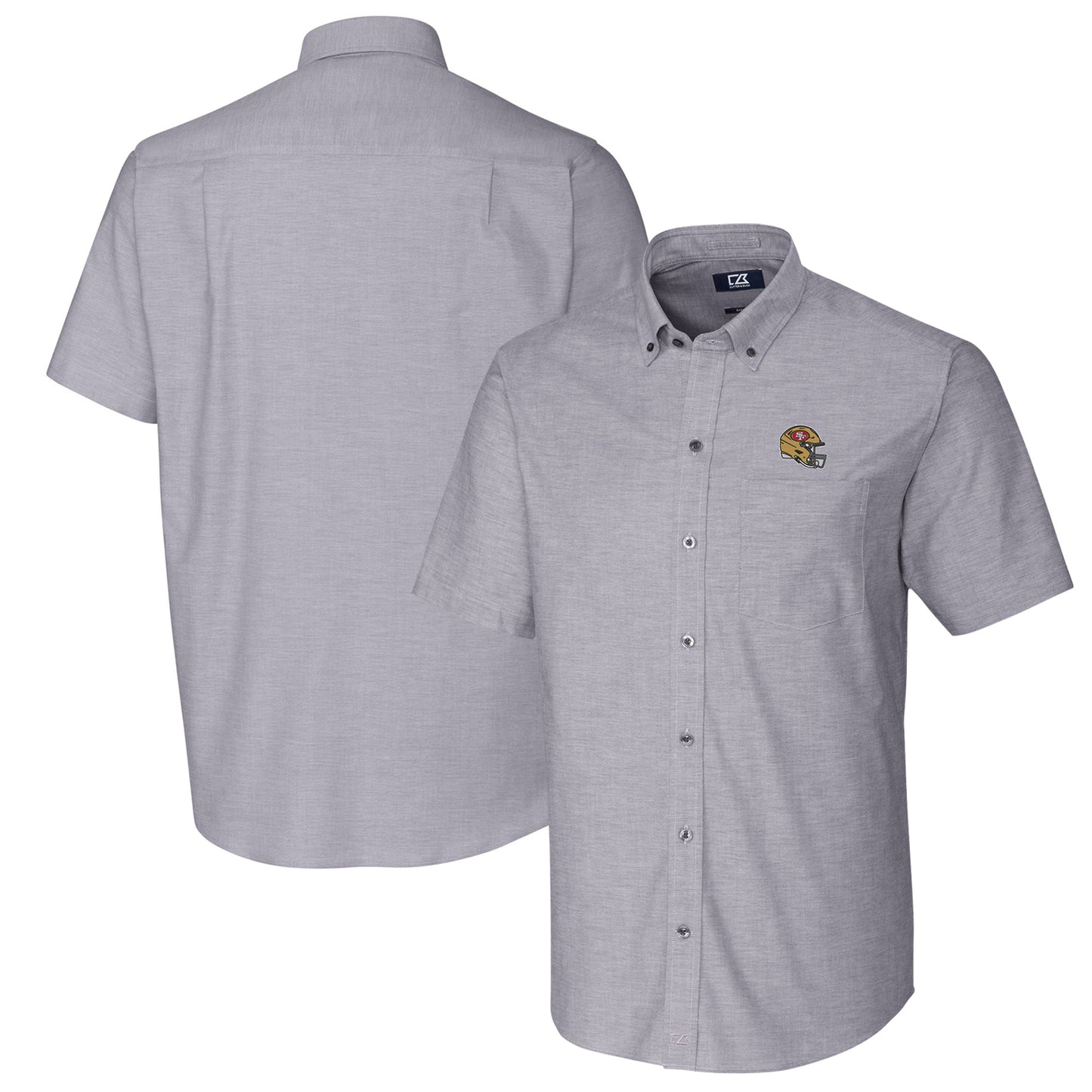 Men's Cutter & Buck Charcoal San Francisco 49ers Helmet Short Sleeve Stretch Oxford Button-Down Shirt