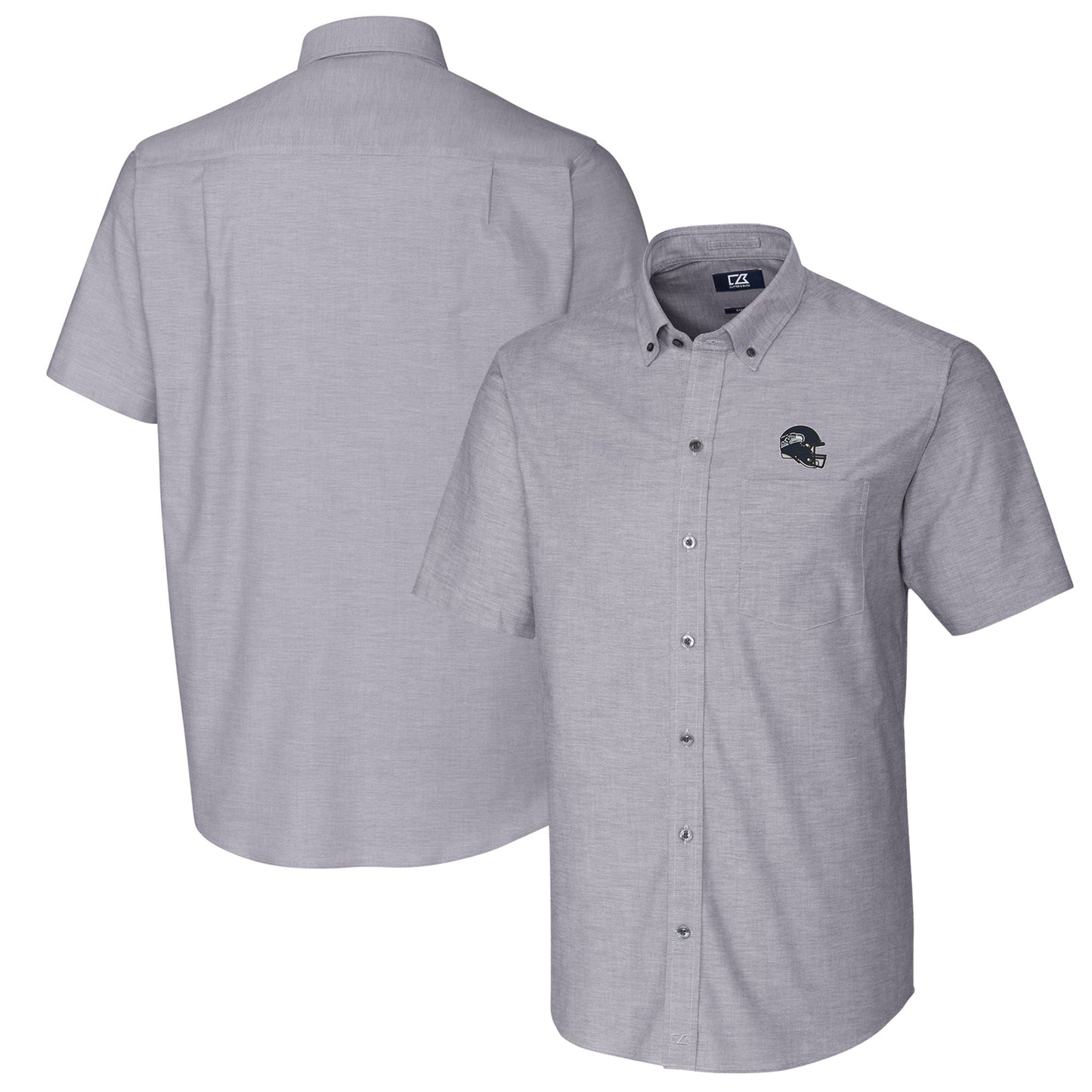 Men's Cutter & Buck Charcoal Seattle Seahawks Helmet Short Sleeve Stretch Oxford Button-Down Shirt