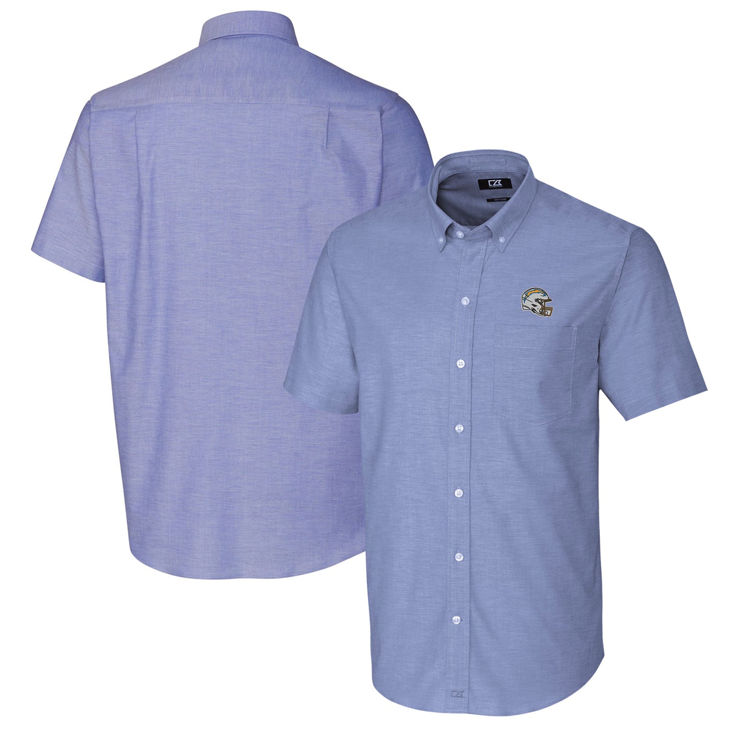 Men's Cutter & Buck Royal Los Angeles Chargers Helmet Short Sleeve Stretch Oxford Button-Down Shirt