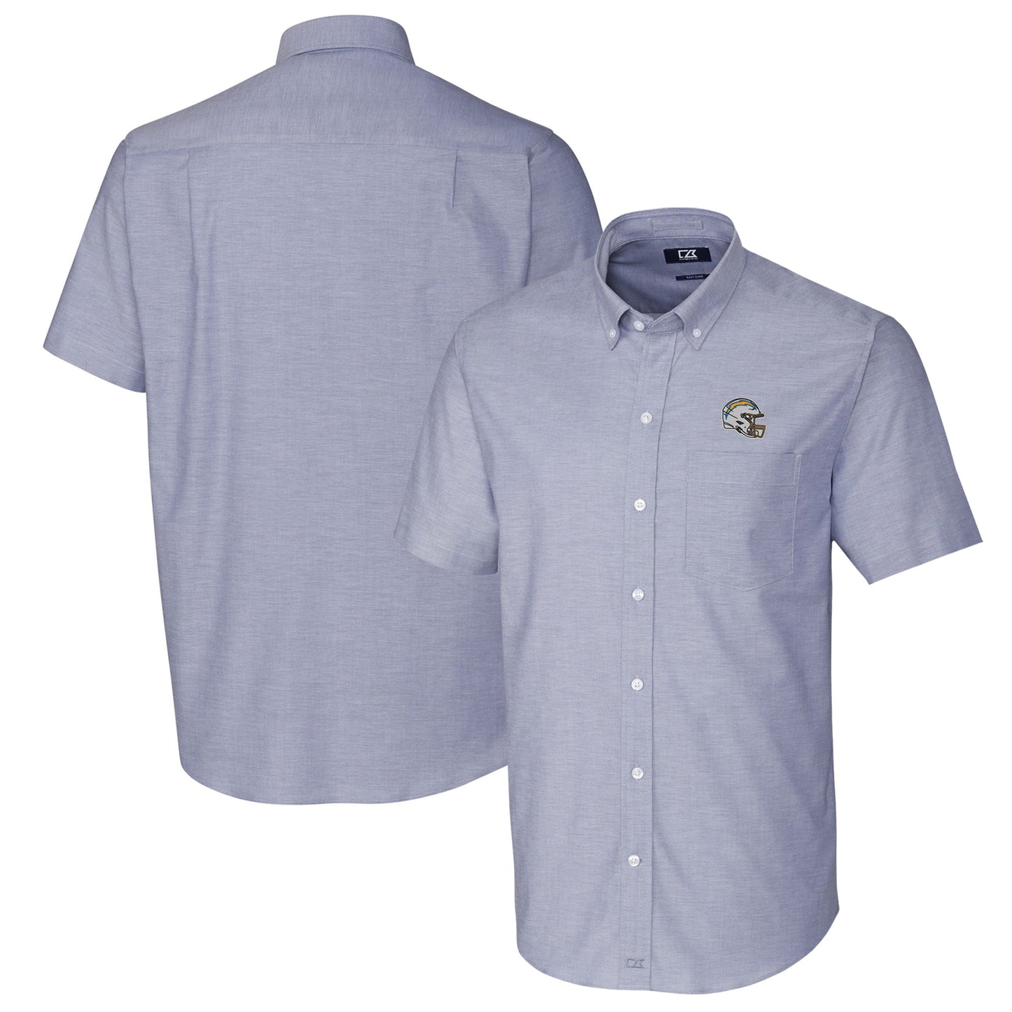 Men's Cutter & Buck Light Blue Los Angeles Chargers Helmet Short Sleeve Stretch Oxford Button-Down Shirt