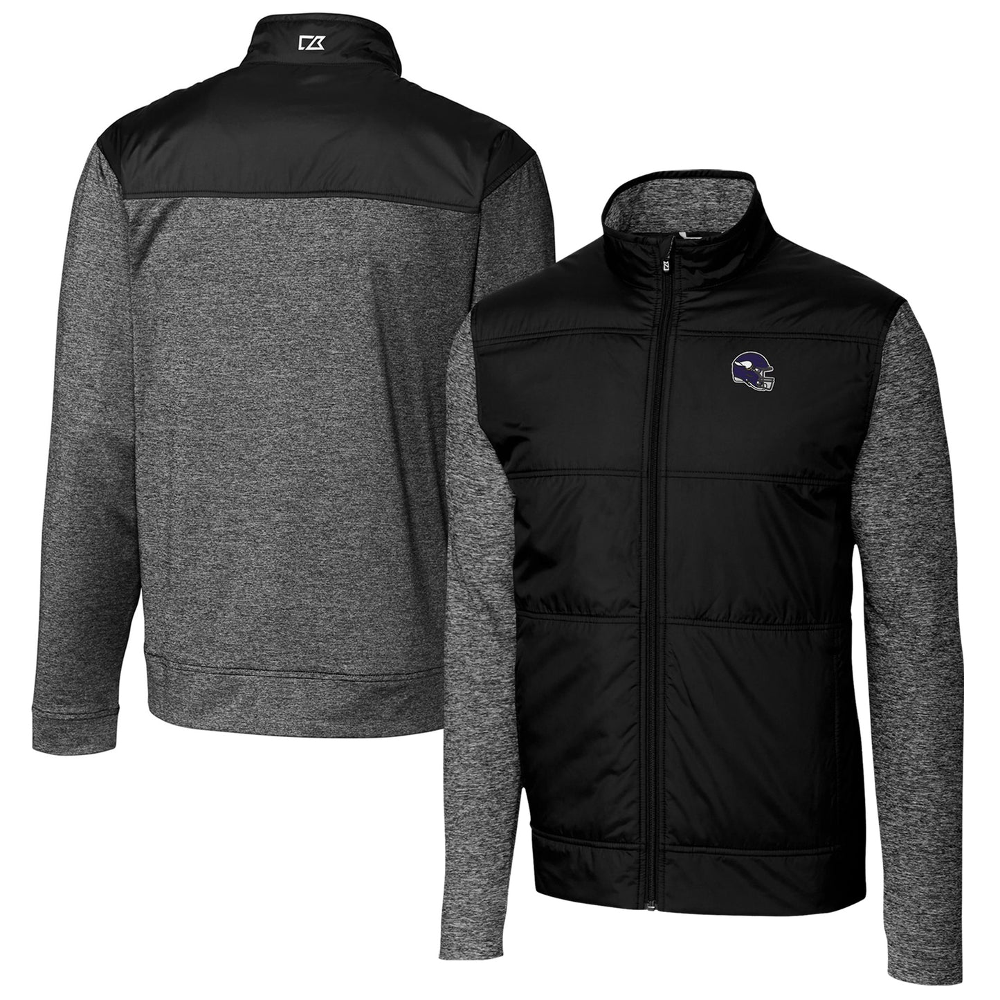 Men's Cutter & Buck Black Minnesota Vikings Helmet Stealth Hybrid Quilted Full-Zip Windbreaker Jacket