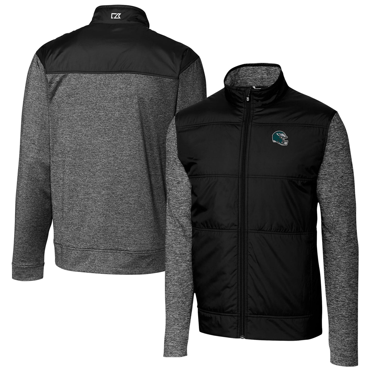 Men's Cutter & Buck Black Philadelphia Eagles Helmet Stealth Hybrid Quilted Full-Zip Windbreaker Jacket
