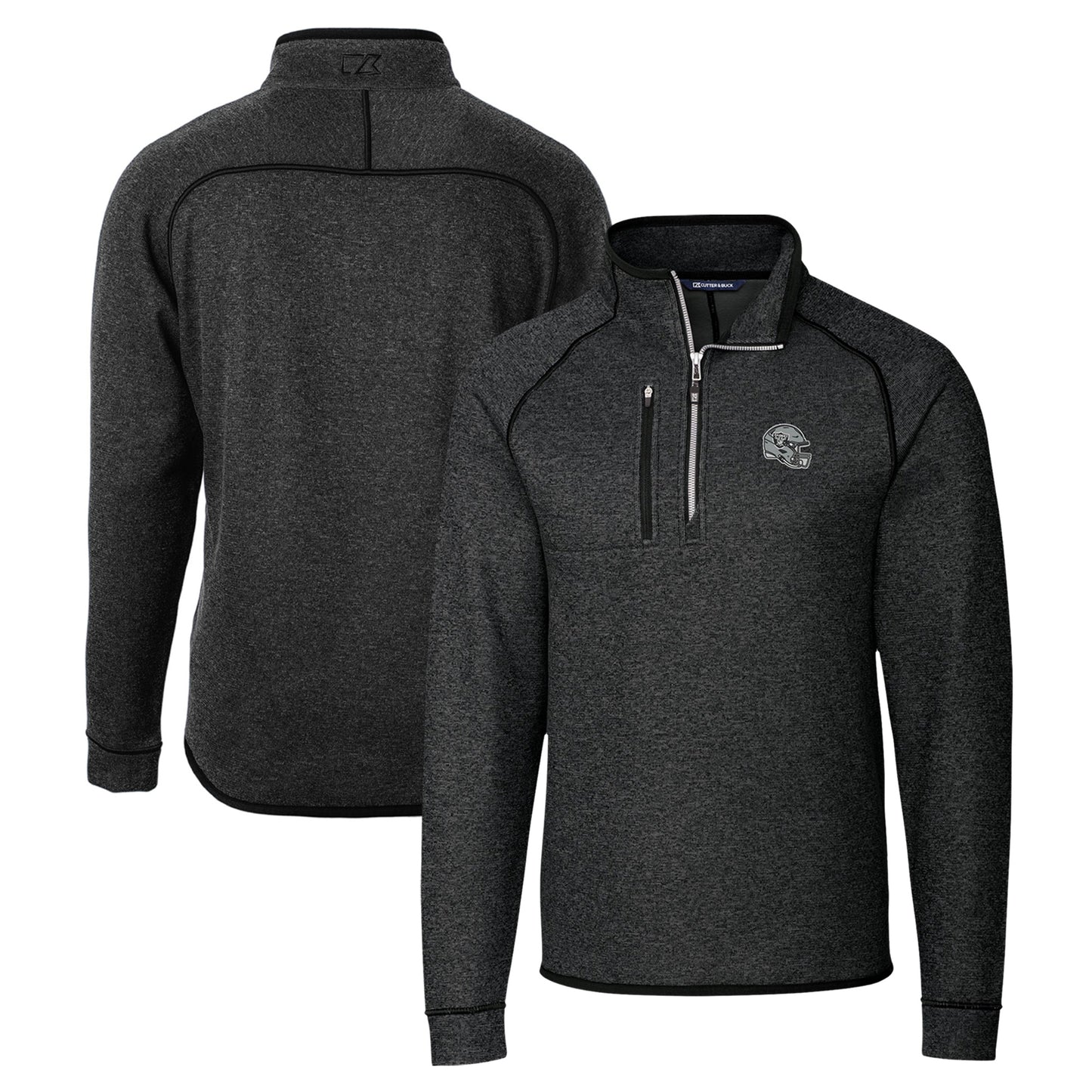Men's Cutter & Buck Charcoal Las Vegas Raiders Helmet Mainsail Sweater-Knit Half-Zip Pullover Jacket