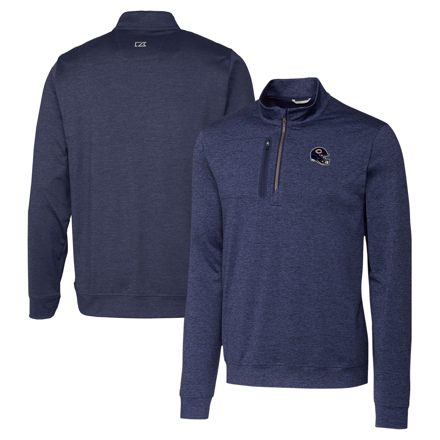 Men's Cutter & Buck Navy Chicago Bears Helmet Stealth Heathered Quarter-Zip Pullover Top