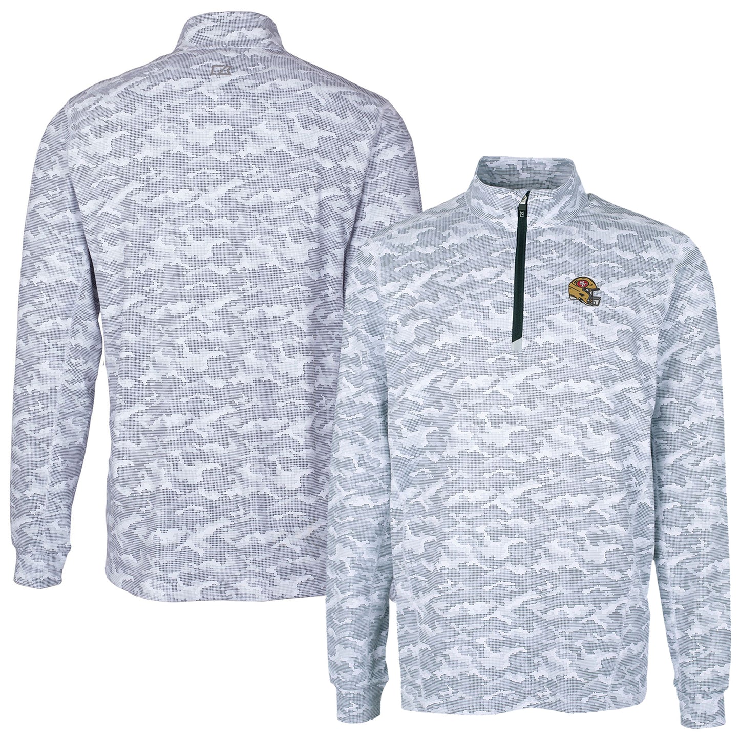 Men's Cutter & Buck Charcoal San Francisco 49ers Helmet Traverse Camo Print Stretch Quarter-Zip Pullover Top