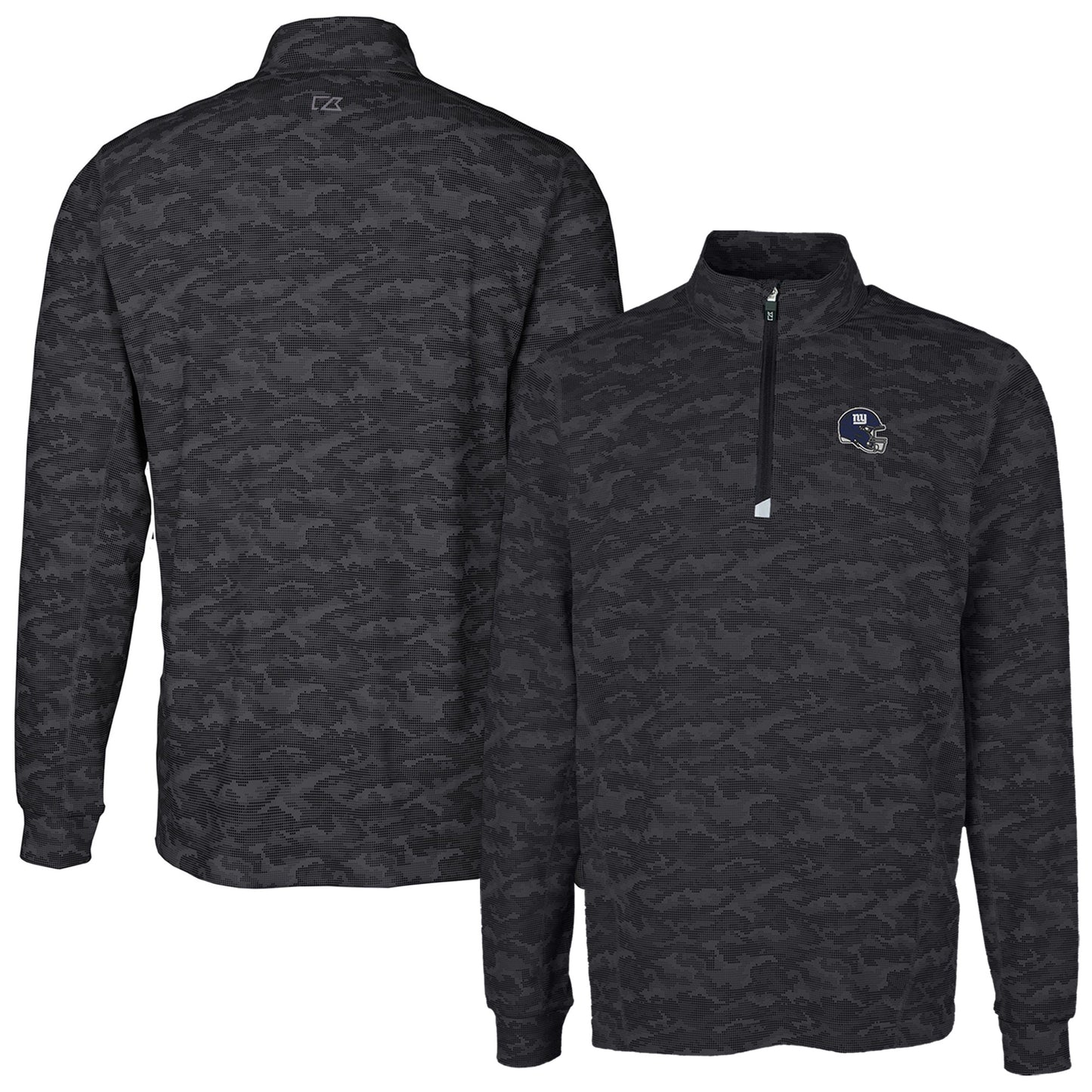 Men's Cutter & Buck Black New York Giants Helmet Traverse Camo Print Stretch Quarter-Zip Pullover Top