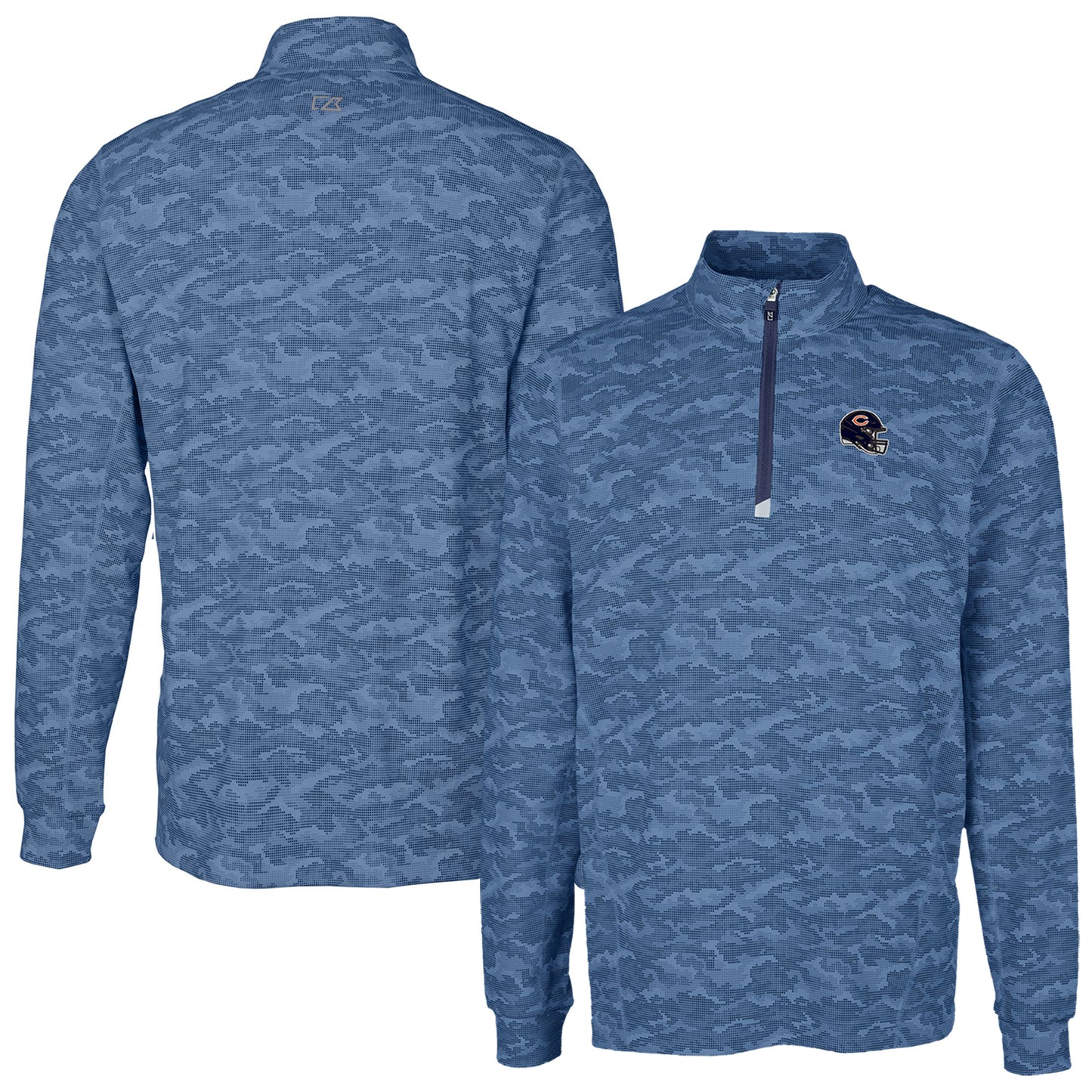 Men's Cutter & Buck Navy Chicago Bears Helmet Traverse Camo Print Stretch Quarter-Zip Pullover Top
