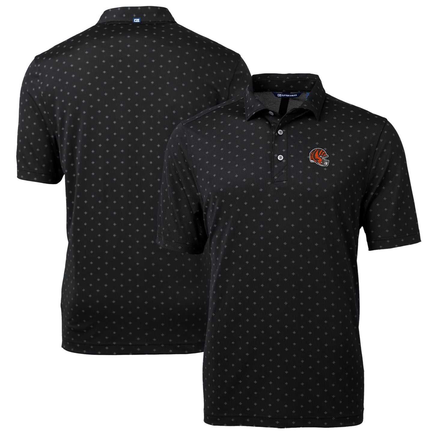 Men's Cutter & Buck Black Cincinnati Bengals Helmet Virtue Eco Pique Tile Print Recycled Polo