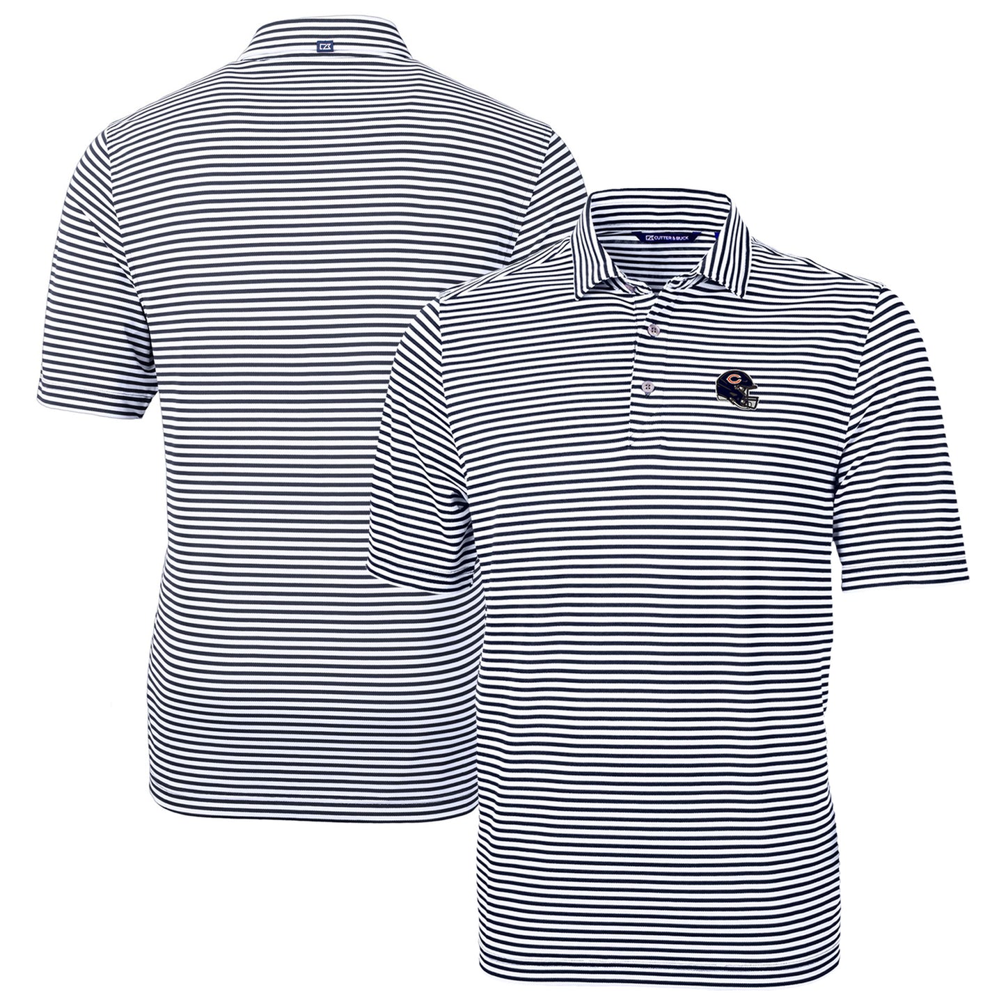 Men's Cutter & Buck Navy Chicago Bears Helmet Virtue Eco Pique Stripe Recycled Polo